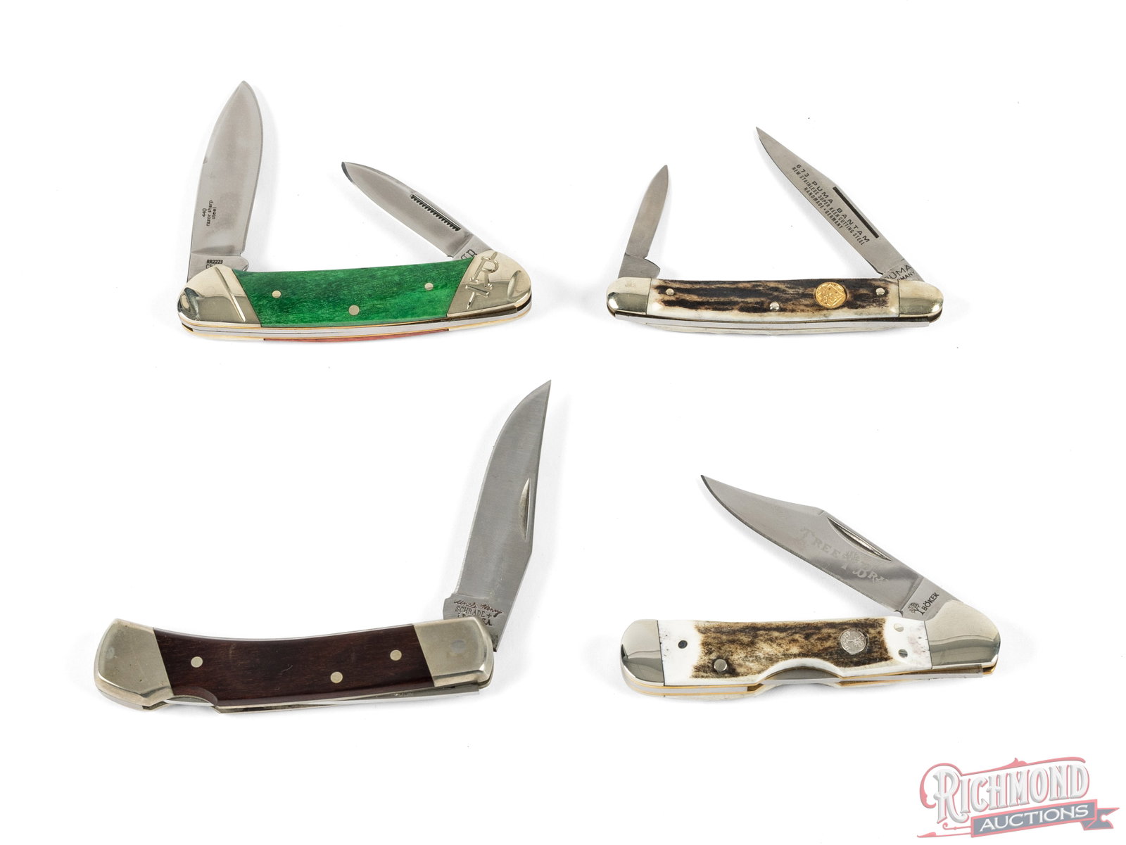 Lot of 4 Folding Knives With Leather Sheaths - 2