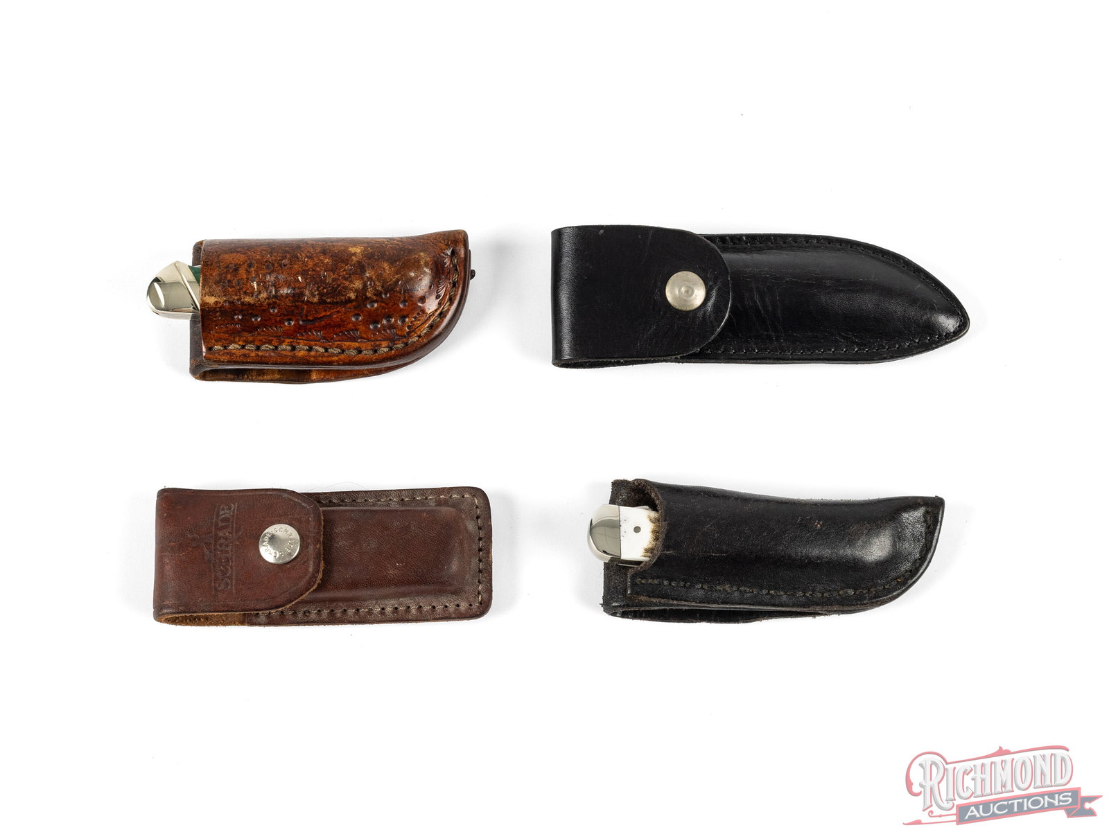 Lot of 4 Folding Knives With Leather Sheaths - 4