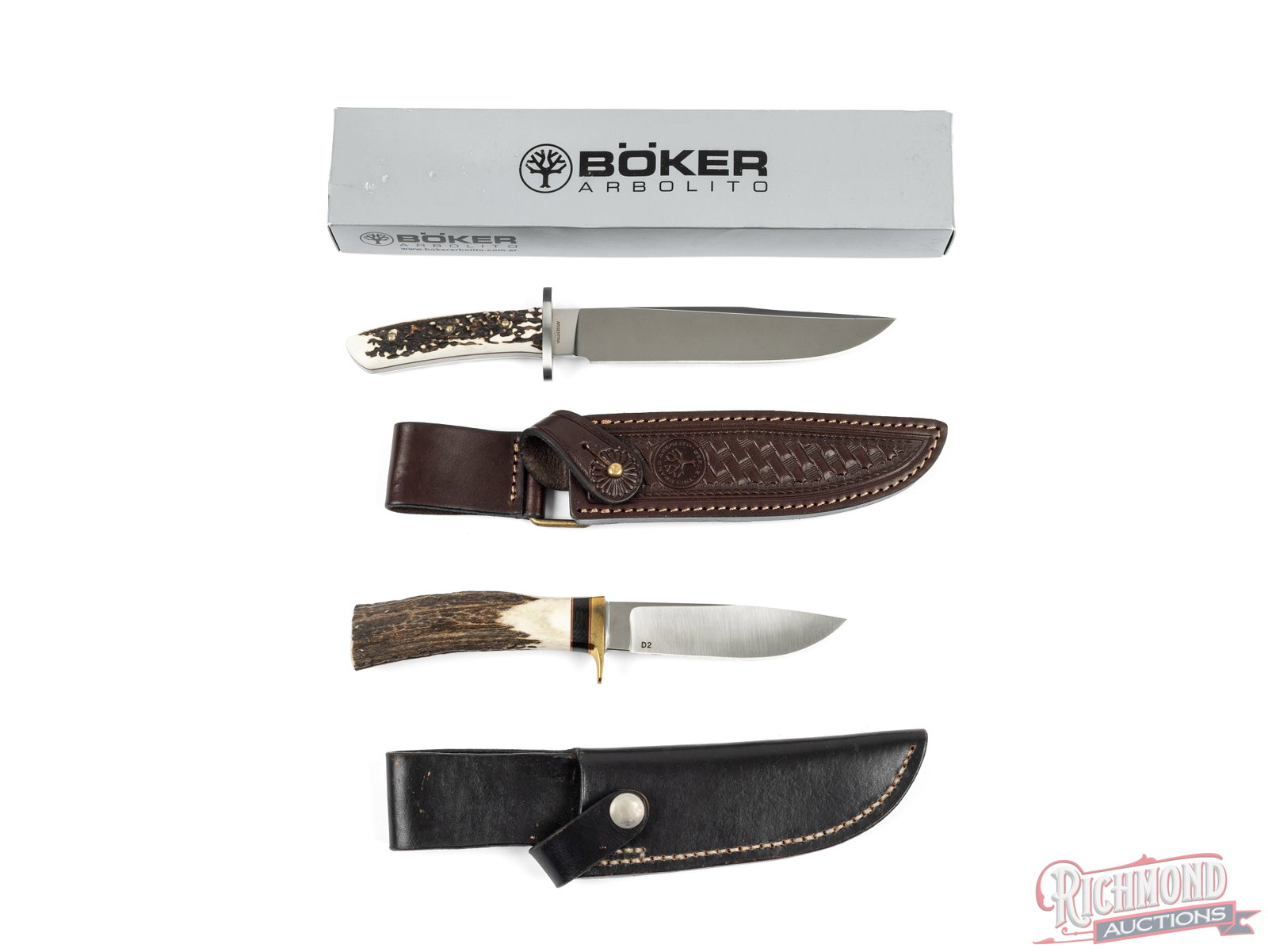 Pair of Boker And Dozier Brand Hunting Knives With Leather Sheaths (1 of 4)
