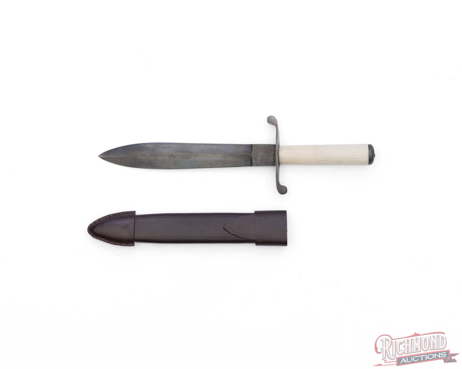 Large Handcrafted Dagger With Bone Handle and Leather Scabbard: This vintage double edge knife features a 7-1/2" blade of 3/8" steel, double steel hilt, and bone or ivory round handle. No maker mark found. Includes a thick leather scabbard. Measures 14" overall