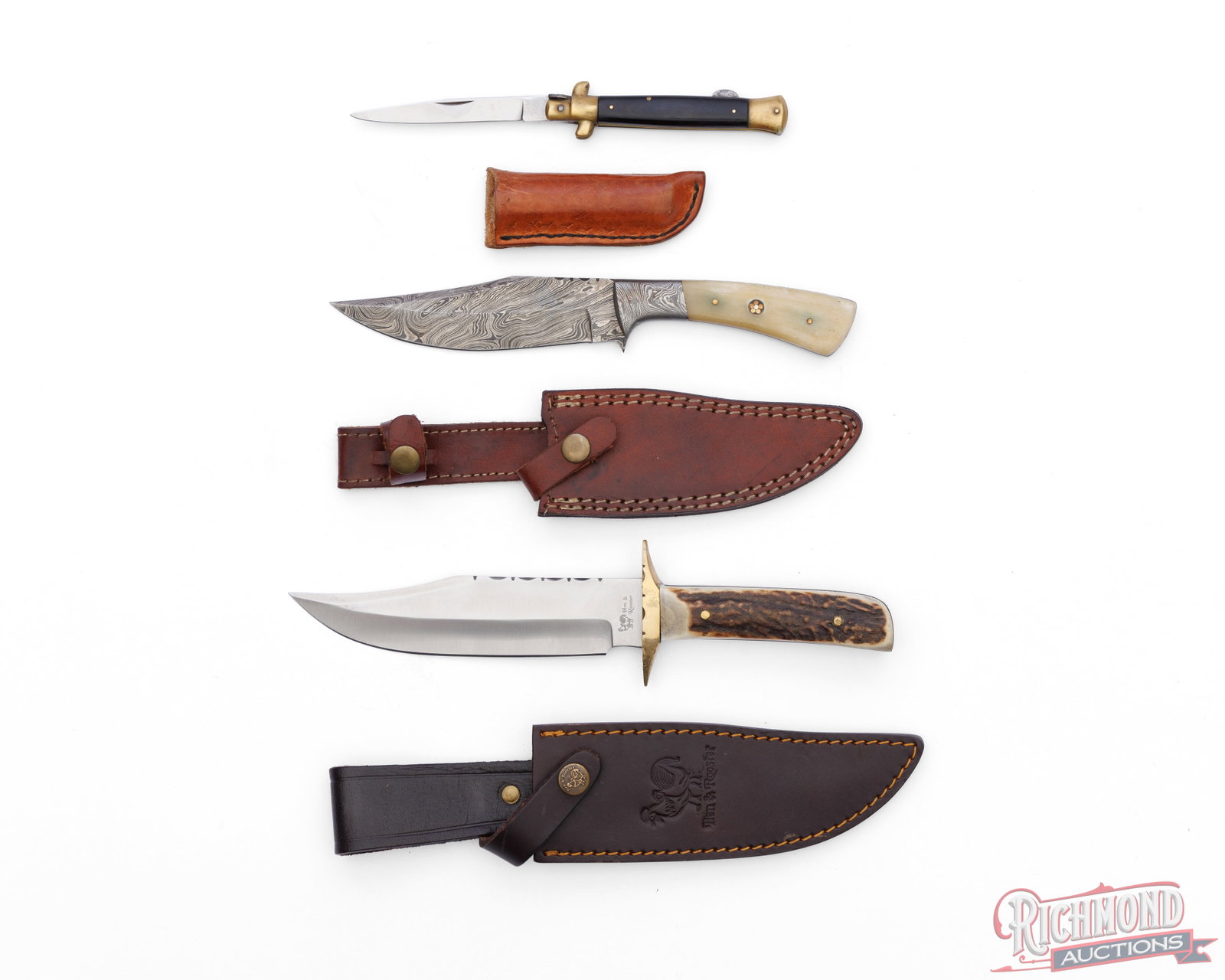 Three Piece Collector Knife Lot Damascus Blade, Hen & Rooster and Folder (1 of 3)