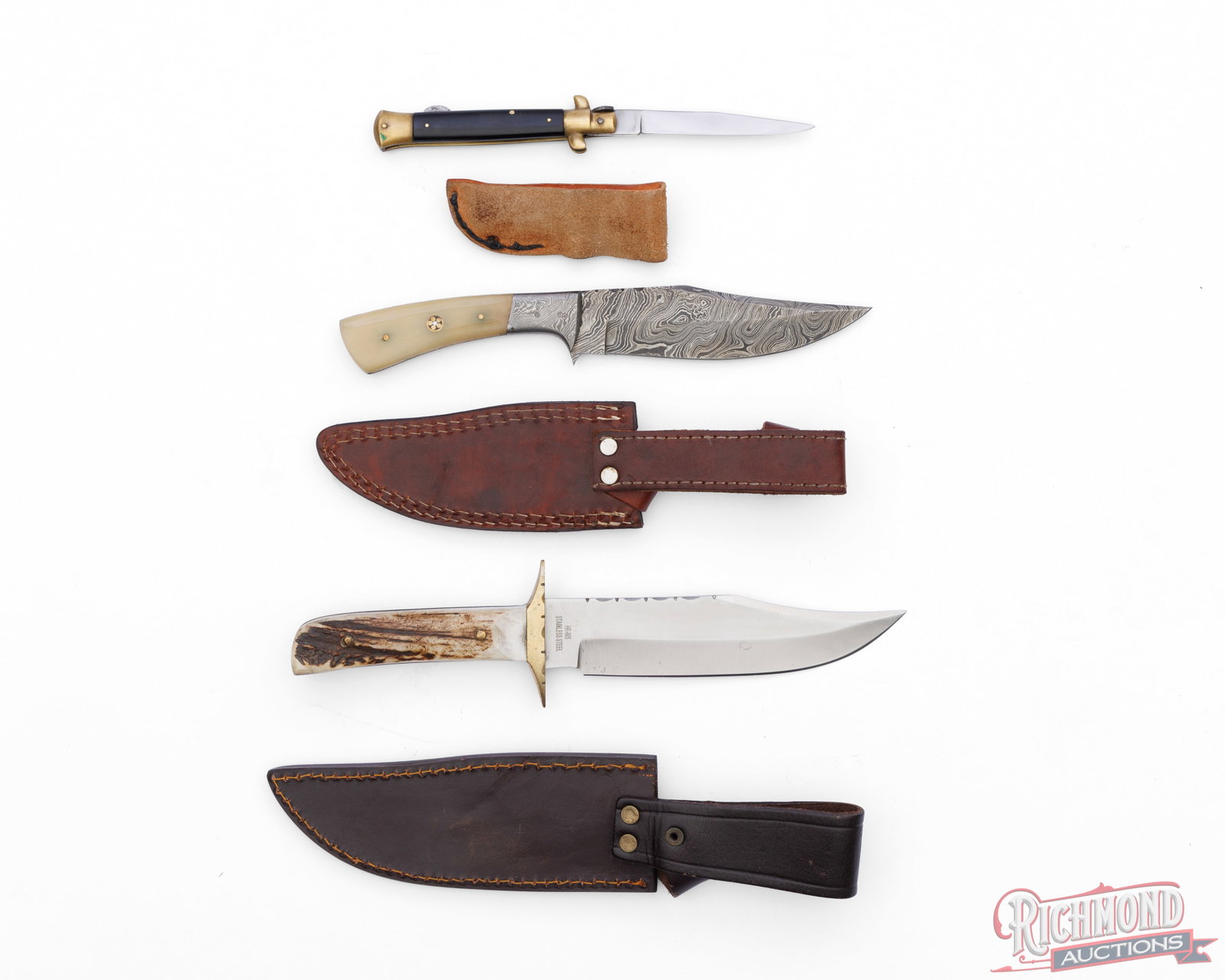 Three Piece Collector Knife Lot Damascus Blade, Hen & Rooster and Folder - 2