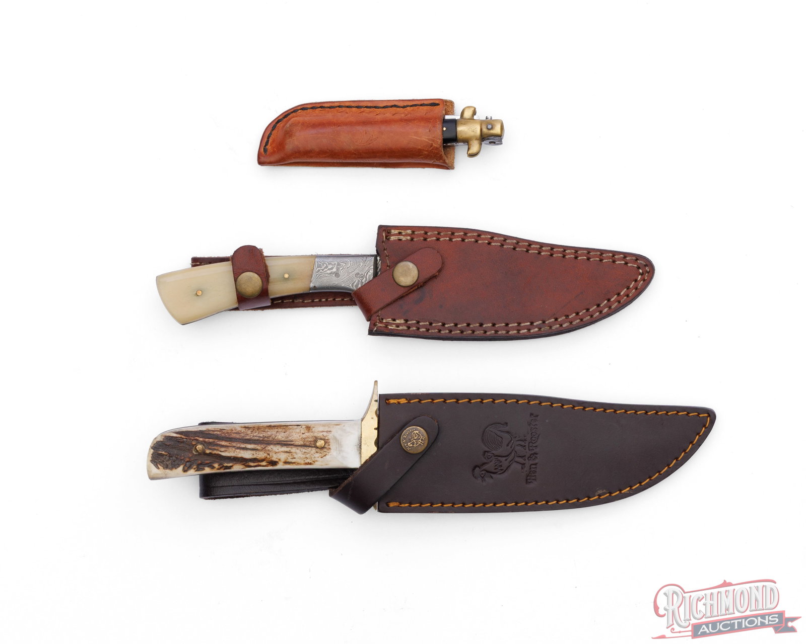 Three Piece Collector Knife Lot Damascus Blade, Hen & Rooster and Folder - 3