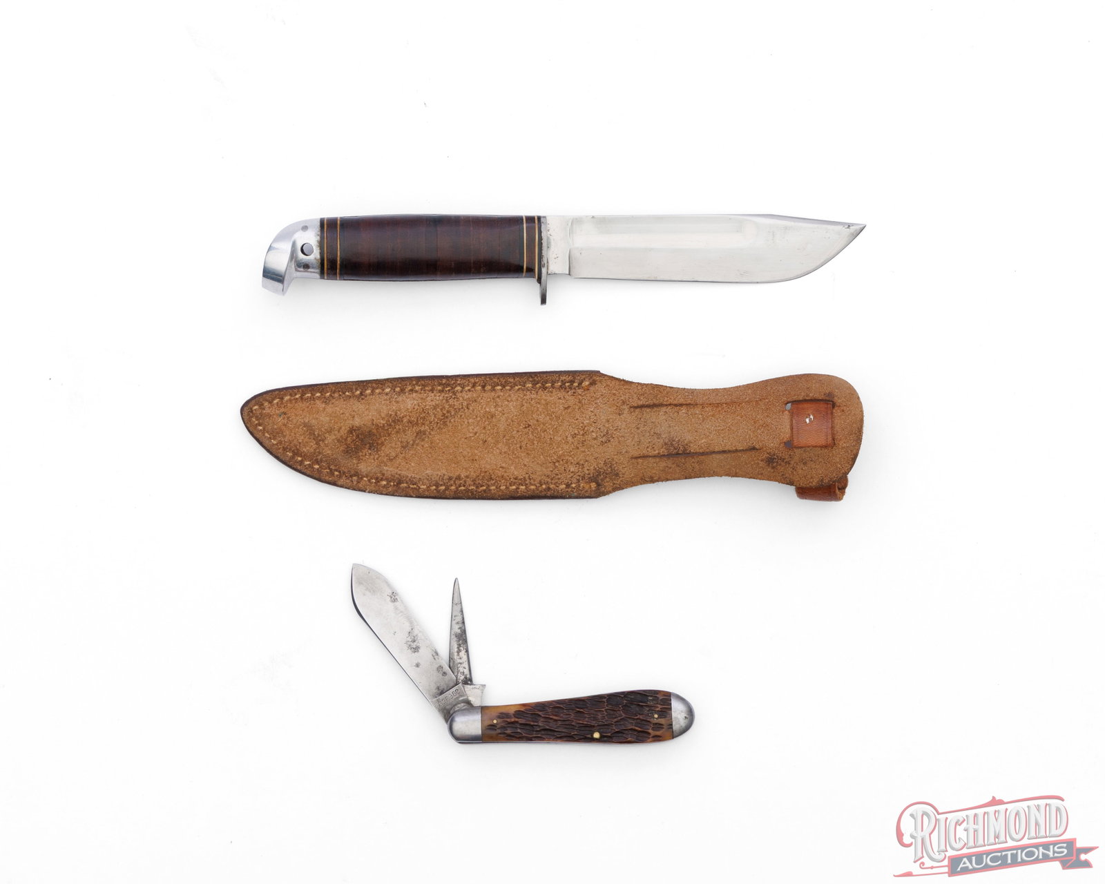Vintage Robeson Schrade 2-Blade Folder & Western Fixed Blade Knife With Tooled Sheath - 2
