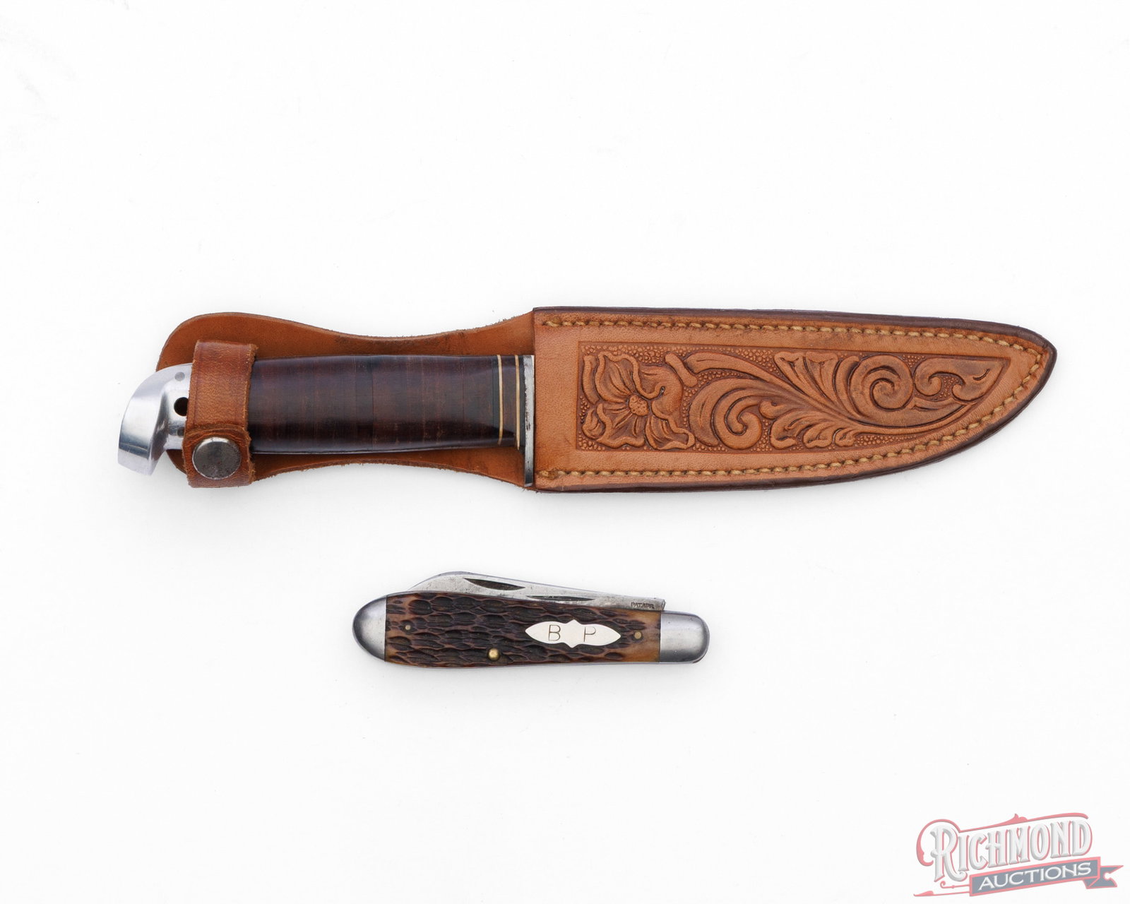 Vintage Robeson Schrade 2-Blade Folder & Western Fixed Blade Knife With Tooled Sheath - 3