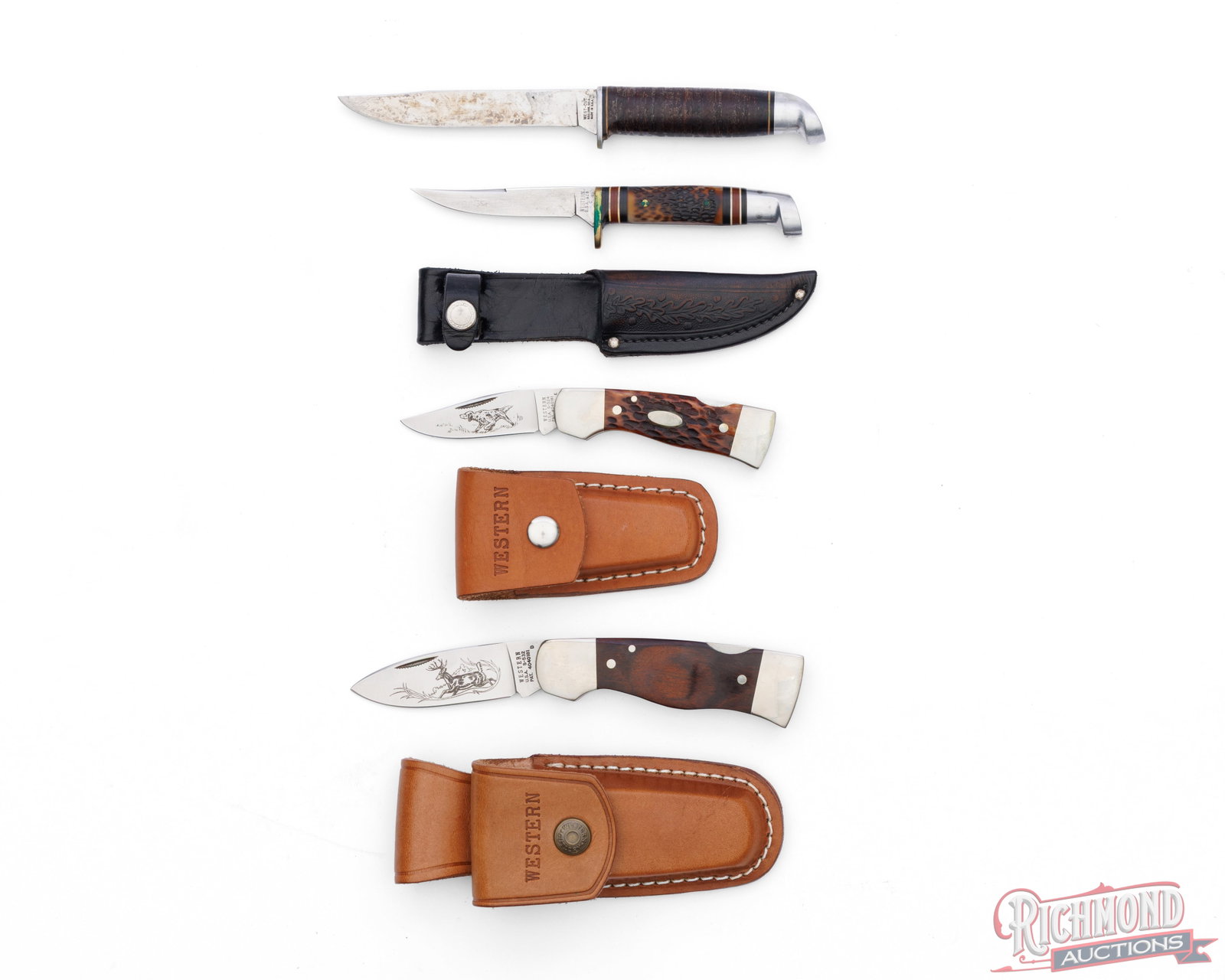 Lot of Four Western Folder and Fixed Blade Knives: This lot consist of two Western brand folder and two fixed blade knives. One West-Cut Boulder, Co fixed blade features an aluminum hilt and pommel with a leather wrapped handle. 4" blade an 8"