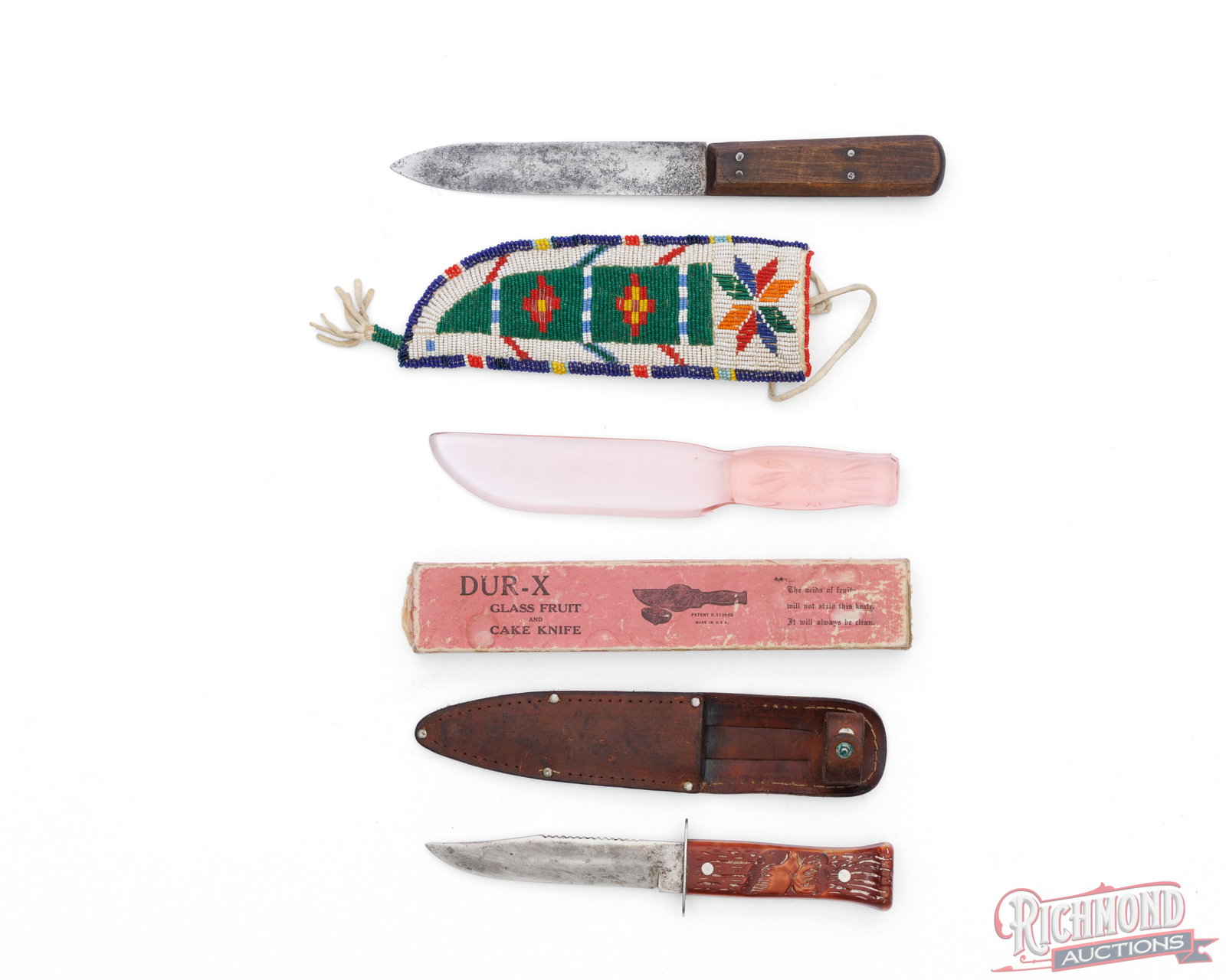 Collector Lot Indian Trade Knife With Beaded Sheath, Imperial & Dur-X Glass Knife in Original Box: This lot consist of an Imperial hunting fixed blade knife. Features a 4-1/2" clip point blade with rear scaler, double nickel hilt and carved Delrin handle. Includes a worn leather sheath. Measures