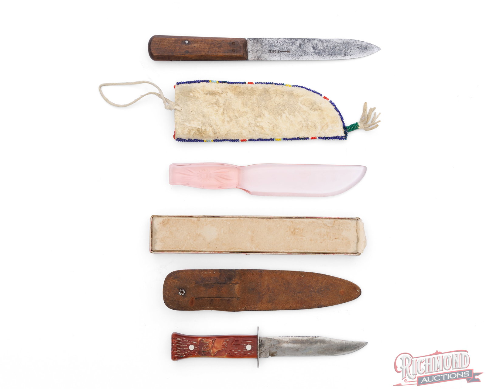 Collector Lot Indian Trade Knife With Beaded Sheath, Imperial & Dur-X Glass Knife in Original Box - 2