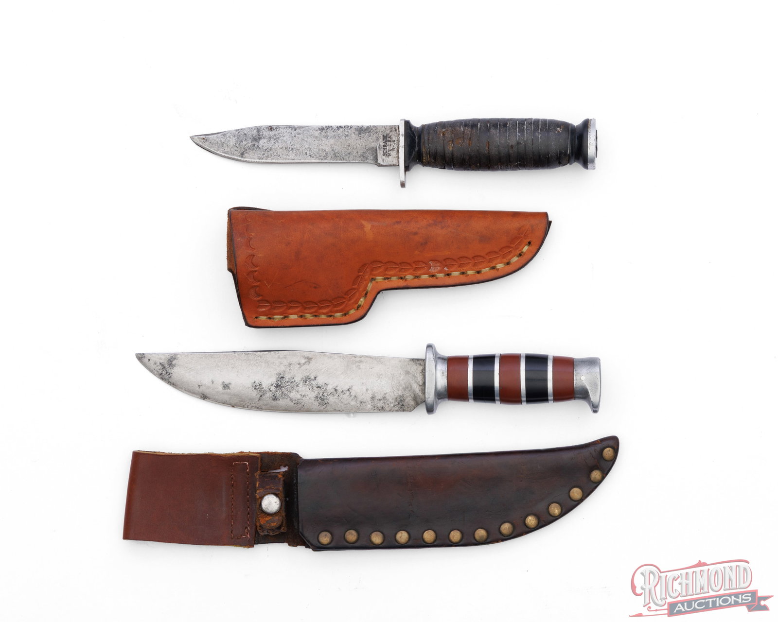 Lot of Two Vintage Fixed Blade Hunting Knives with Leather Sheaths (1 of 3)