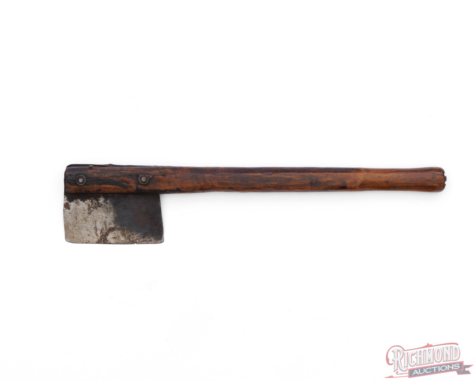 Antique 1800's Primitive Tobacco Knife: This primitive tobacco knife appears to be original with early repair nails. Features a 19" lightweight wood handle with a 5" blade. Condition FAIR - shows age and wear.