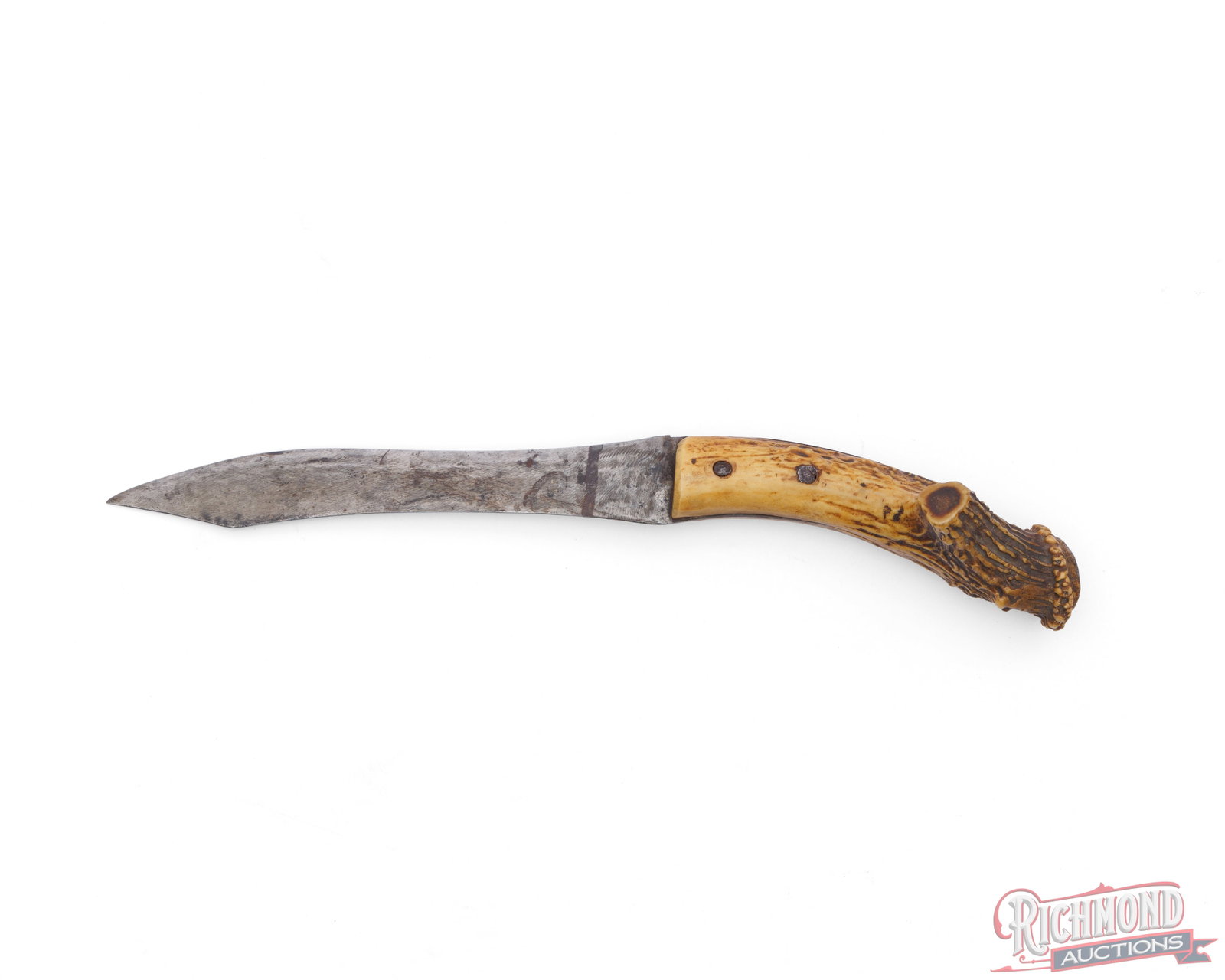 Antique Elk Horn Fixed Blade Carving Knife: Antique knife likely from the 1800's, appears all original. Features a 9-3/4" carving style blade, elk horn handle and hand-made rivets. Measures 16-1/2" overall length. Condition FAIR - shows age and
