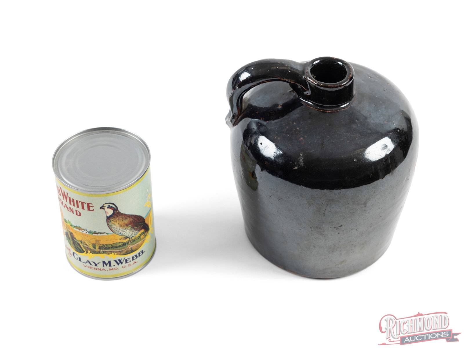 Shapleigh's Keen Kutter Stoneware Pottery Whiskey Jug and Bob White Brand Green Beans Can - 2