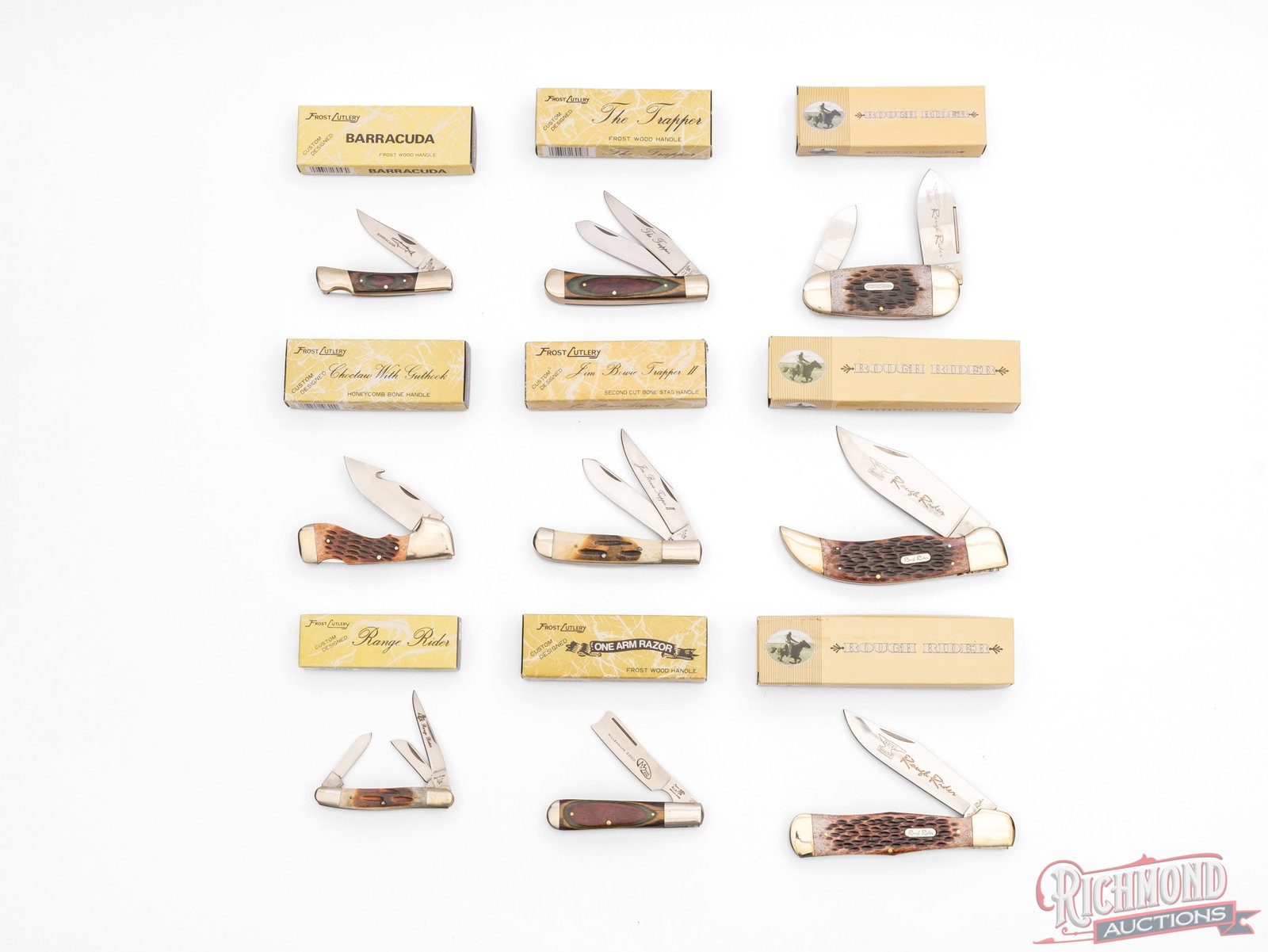 Lot of Nine NIB Frost Cutlery & Rough Rider Folder Knives Many With Bone Handles (1 of 3)
