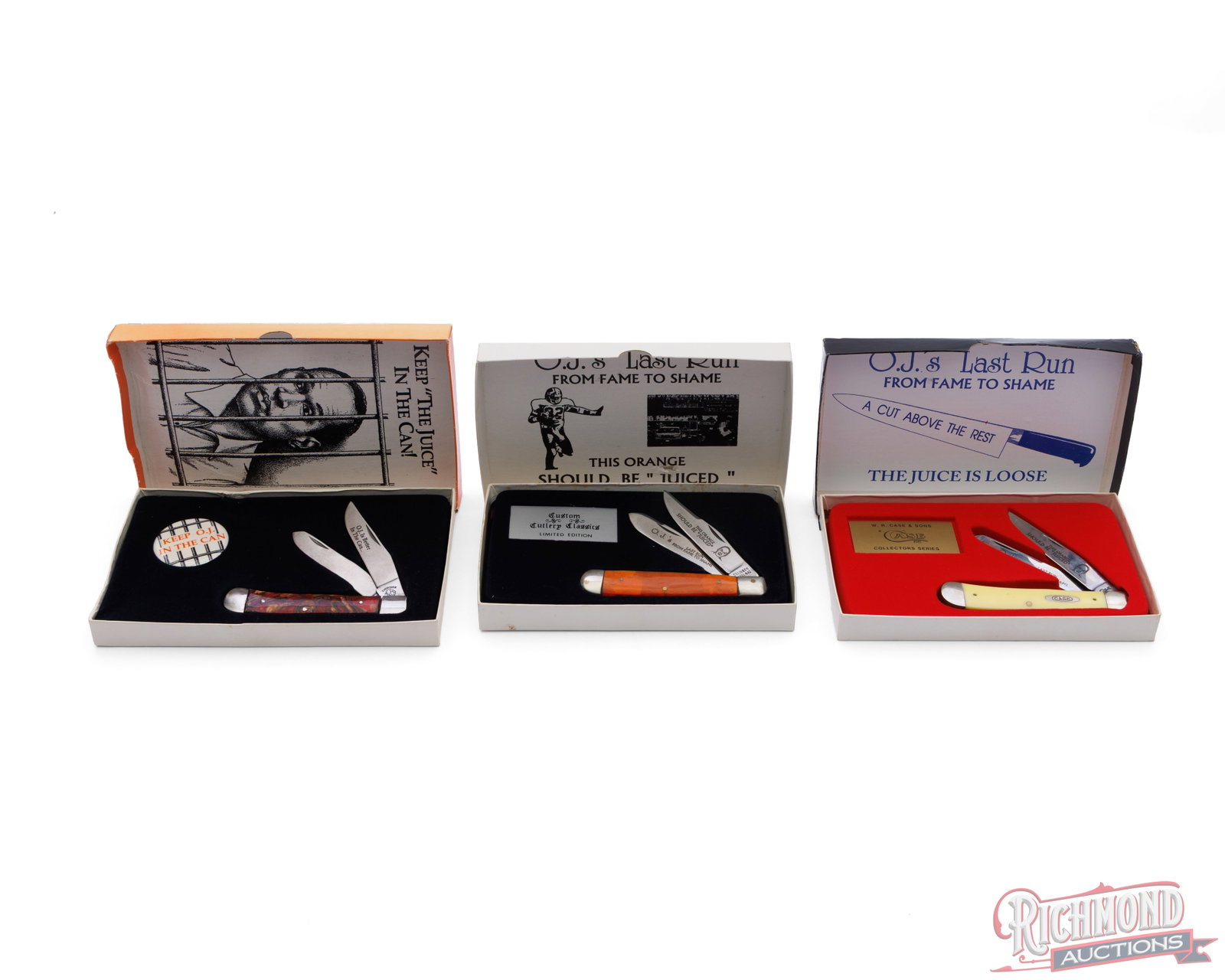 Three Case, Solingen & Cherokee Collector Folder Knives O.J. Simpson in Original Boxes: One Case model 3254 "O.J.'s Last Run From Fame to Shame / This Orange Should be Juiced" with yellow Delrin handles. One Solingen steel 41C "O.J.'s Last Run From Fame to Shame / This Orange Should be