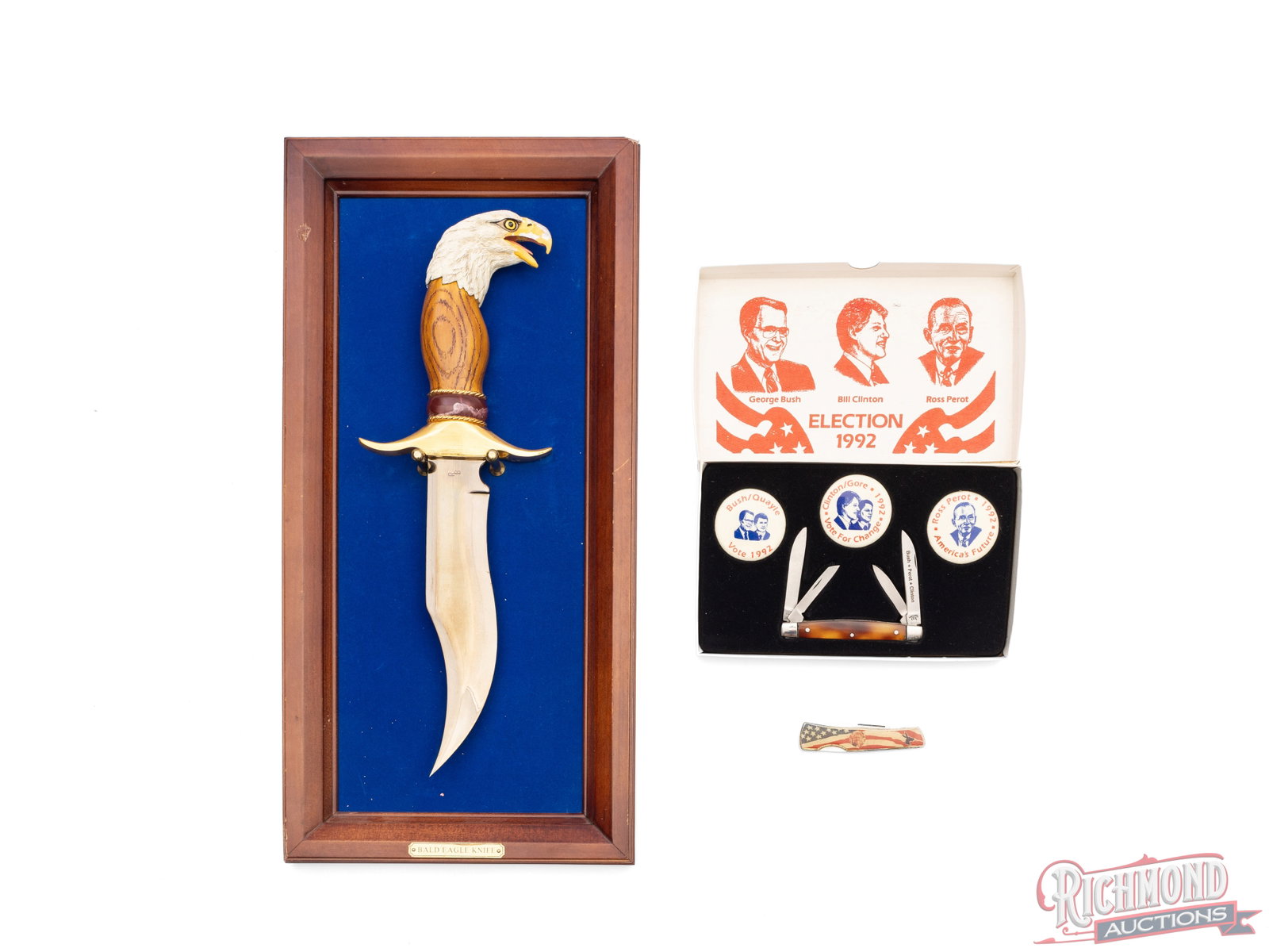 Franklin Mint American Bald Eagle Knife, Case Bill Clinton Folder, 1992 Election Knife & Button Set (1 of 2)