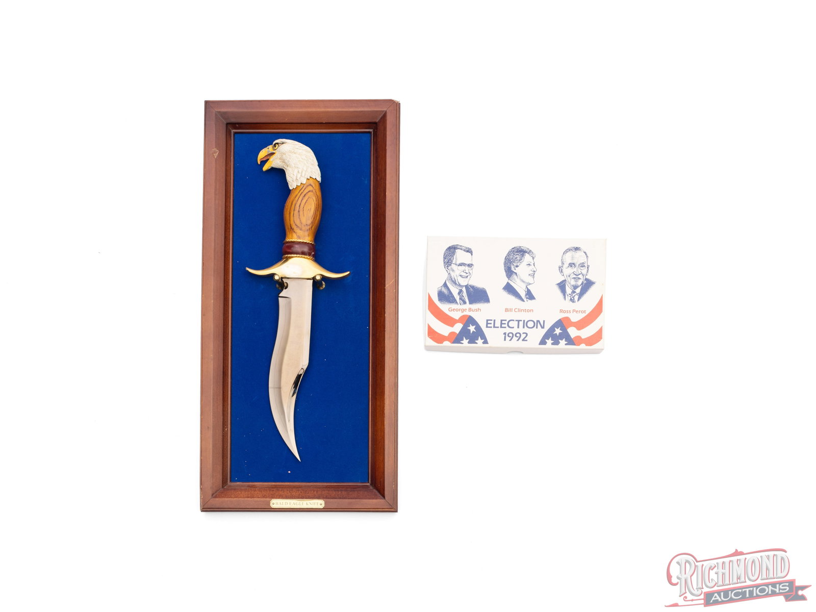 Franklin Mint American Bald Eagle Knife, Case Bill Clinton Folder, 1992 Election Knife & Button Set - 2