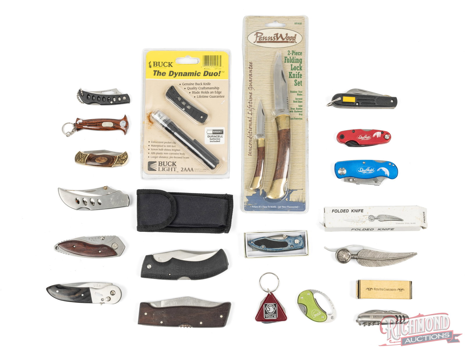 Large Assortment of Folding Pocket, Keychain and Razor Blade Knives Includes Buck & Sheffield: This lot includes a large assortment of folding knives with brands including Buck, Sheffield and Frost Cutlery. Some new old stock in the original packaging. Condition GOOD to VERY GOOD