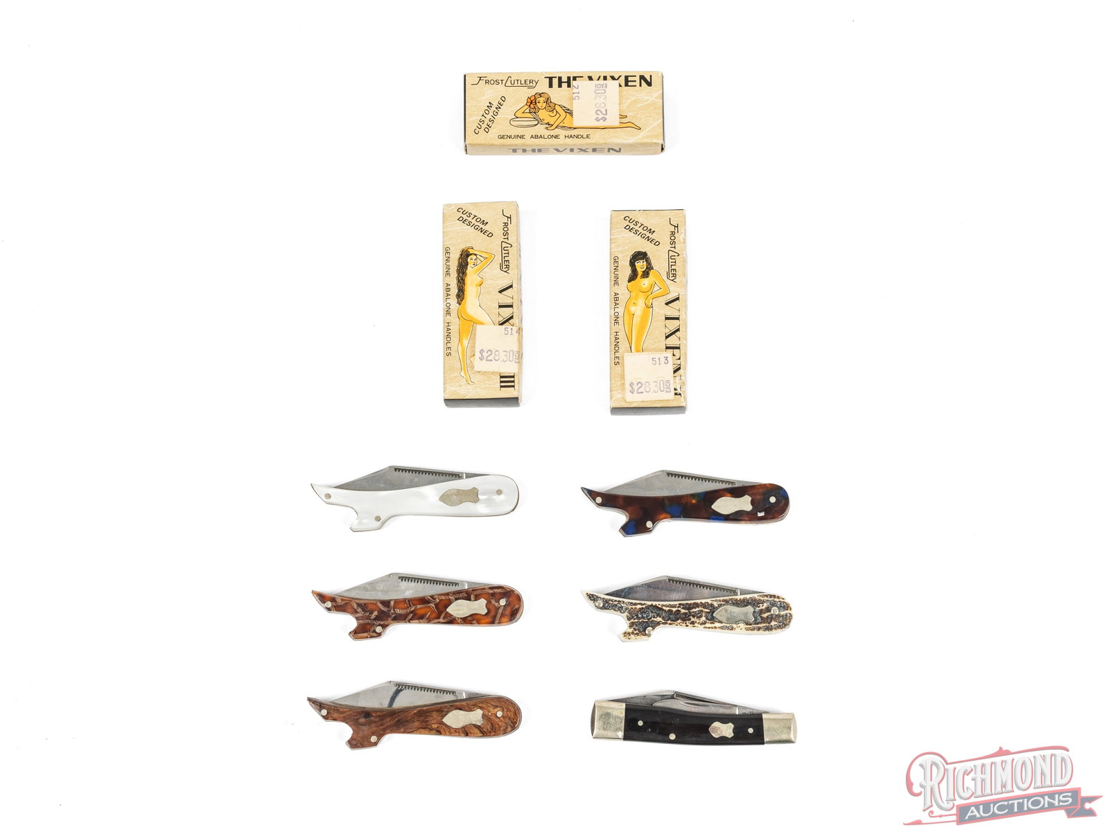 Nine Vintage Collector Folder Knives Frost Cutlery Vixen's and Assorted Boot Knives: This lot includes an assortment of 9 folder pocket knives from Frost Cutlery, C.Platts' Sons, Kinfolks, and Bulldog. Three Frost Cutlery Vixen series are in the original boxes and feature mother of pe