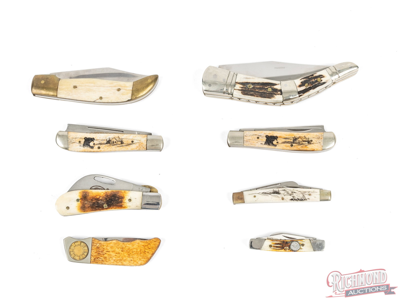 Eight Collector Folder Knives with Stag or Bone Handles Frost Cutlery & Kershaw (1 of 2)