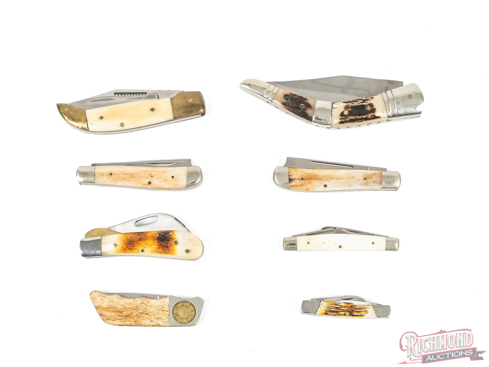 Eight Collector Folder Knives with Stag or Bone Handles Frost Cutlery & Kershaw - 2
