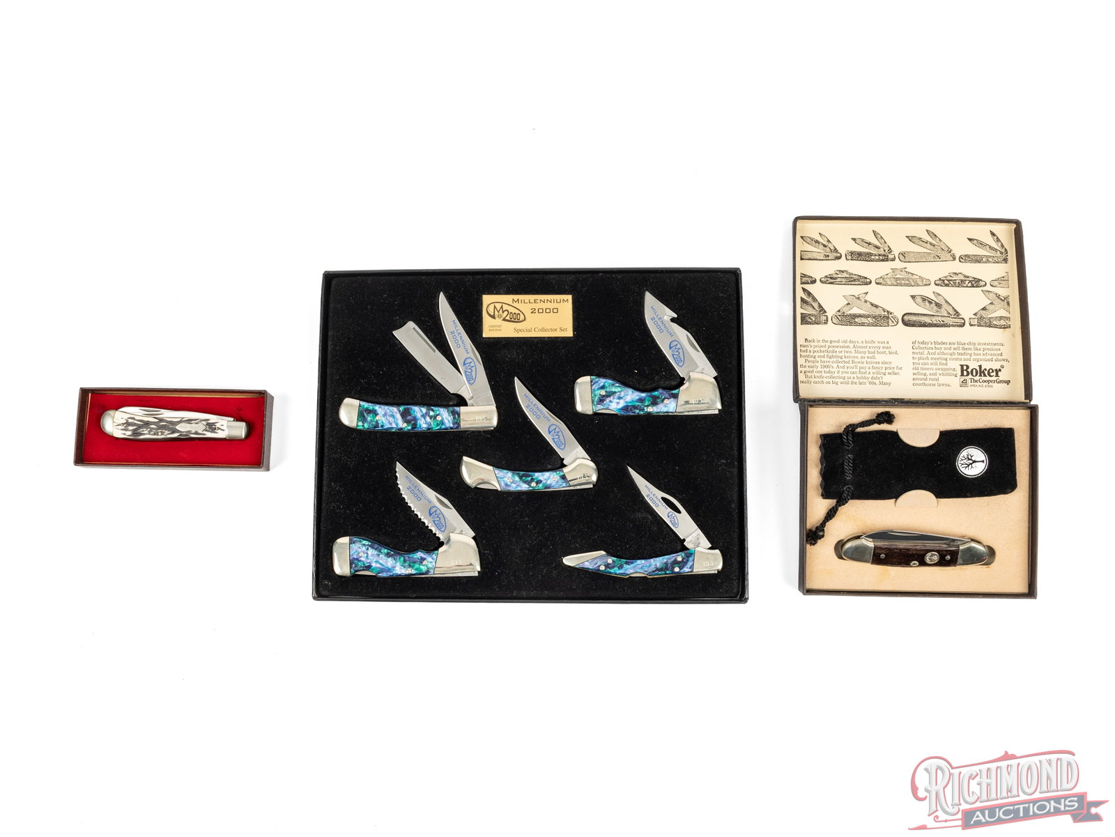 Collector Folder Knives Uncle Henry, Boker Tree Brand & Frost Cutlery Millennium 2000 Set: Collector knives lot includes an Uncle Henry model 285 UH Trapper with two blades, brass liners, nickel bolsters and faux stag handles. Comes in the original box. One Germany made Boker Tree Brand "ca