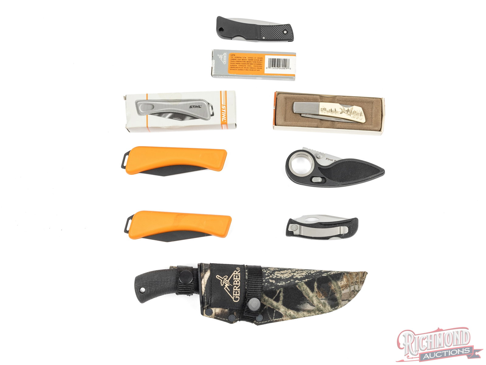 Five Gerber Folding & Fixed Blade Knives and Two Inox Stihl Folders - 2