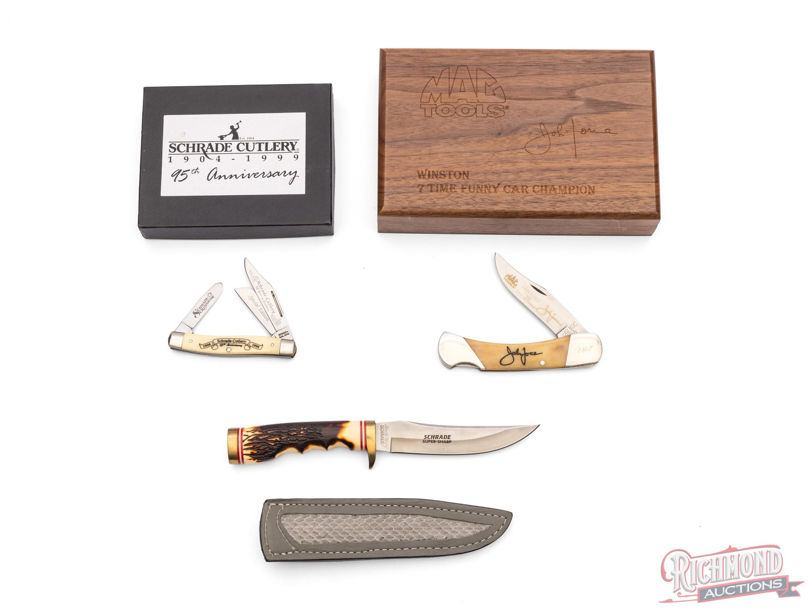 Schrade Anniversary Folder & 1st Run Fixed Blade Knife and Bear MGC John Force Commemorative (1 of 4)