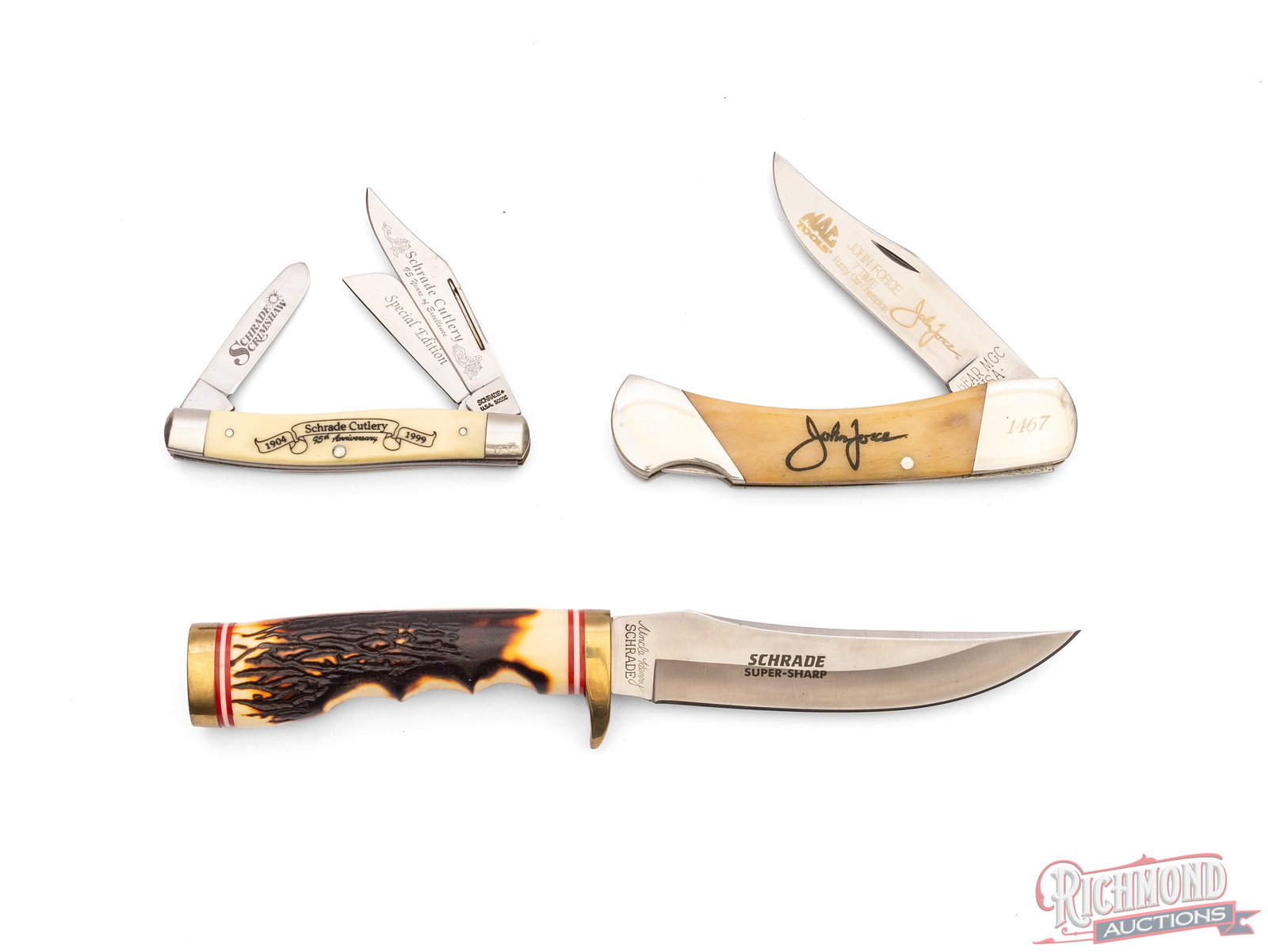 Schrade Anniversary Folder & 1st Run Fixed Blade Knife and Bear MGC John Force Commemorative - 2