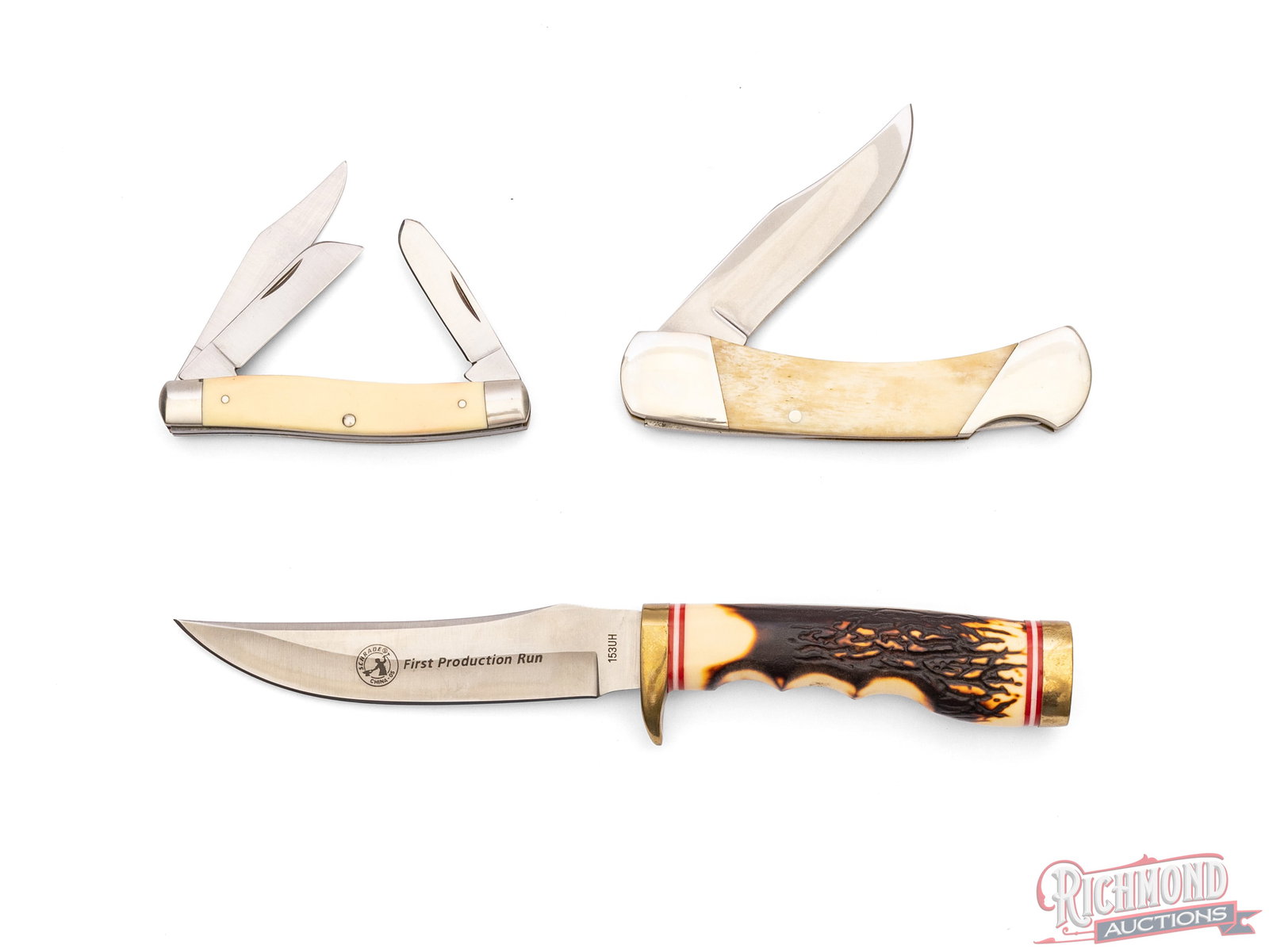 Schrade Anniversary Folder & 1st Run Fixed Blade Knife and Bear MGC John Force Commemorative - 3