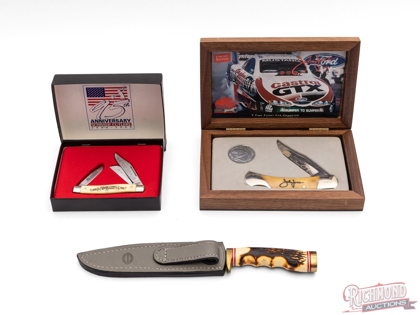 Schrade Anniversary Folder & 1st Run Fixed Blade Knife and Bear MGC John Force Commemorative - 4