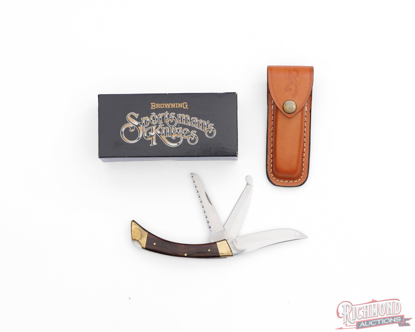 Browning Sportsman's Collector Folder Knife Model 503 Big Game in Original Box: Browning model 503 Big Game is a multi-blade folding hunting knife produced in Seki, Japan, primarily during the 1980s. Manual-opening folding knife features three blades designed for hunting and
