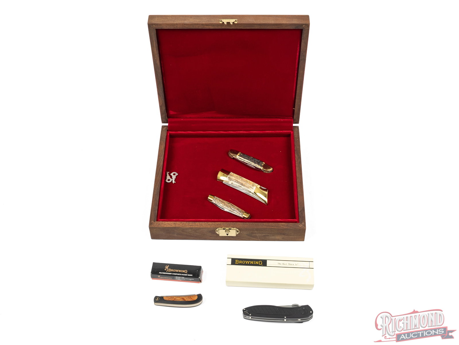 Browning Centennial 1978 Stag Handle Knife Set, 2-Blade Trapper & Quick Assist Pocket Folder: Browning 1878 to 1978 Centennial three knife set. This set includes a 3-blade stockman, single blade lockback, and Canoe. All serial number 1545 with brass liners, gold tone bolsters and stag