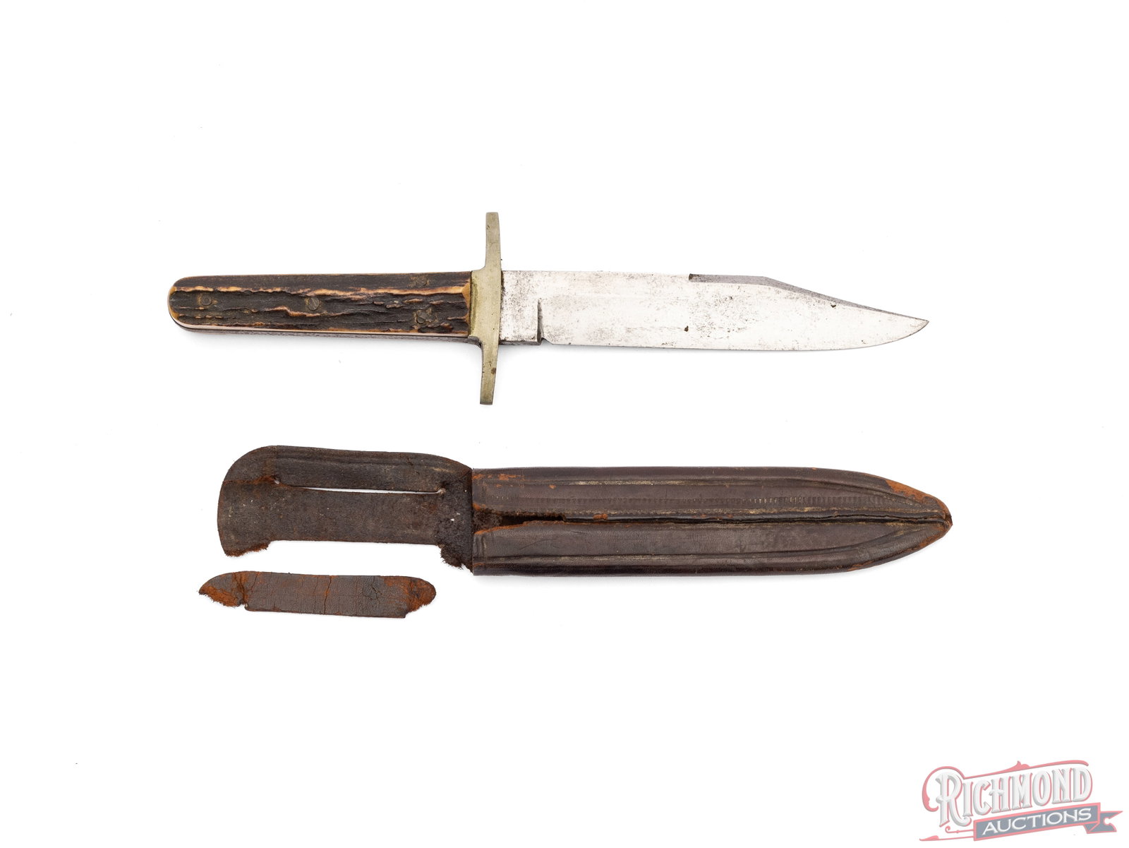 Landers, Frary and Clark Marked Bowie Knife with Sheath: Imported by Landers, Frary & Clark Company of Connecticut circa 1900 from England. 5-3/4" steel blade marked "L.F.&C." with German silver guard and stag grips with original leather sheath. Condition G