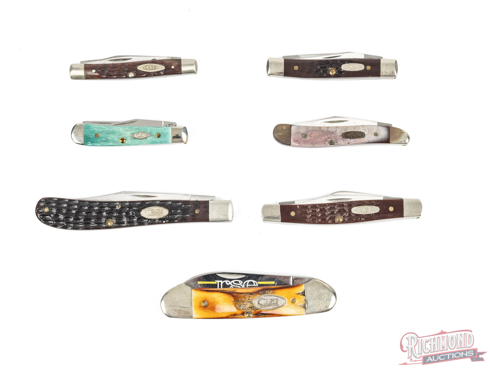 Lot of 7 Case XX Assorted Folding Knives: All are Case XX brand. One 6344SS stockman, one 62033SS stockman, one 6233 pen, one 6220SS peanut with some damage to one side of the handle, one 62154SS tiny trapper with bone handle, one 61048SSP sl