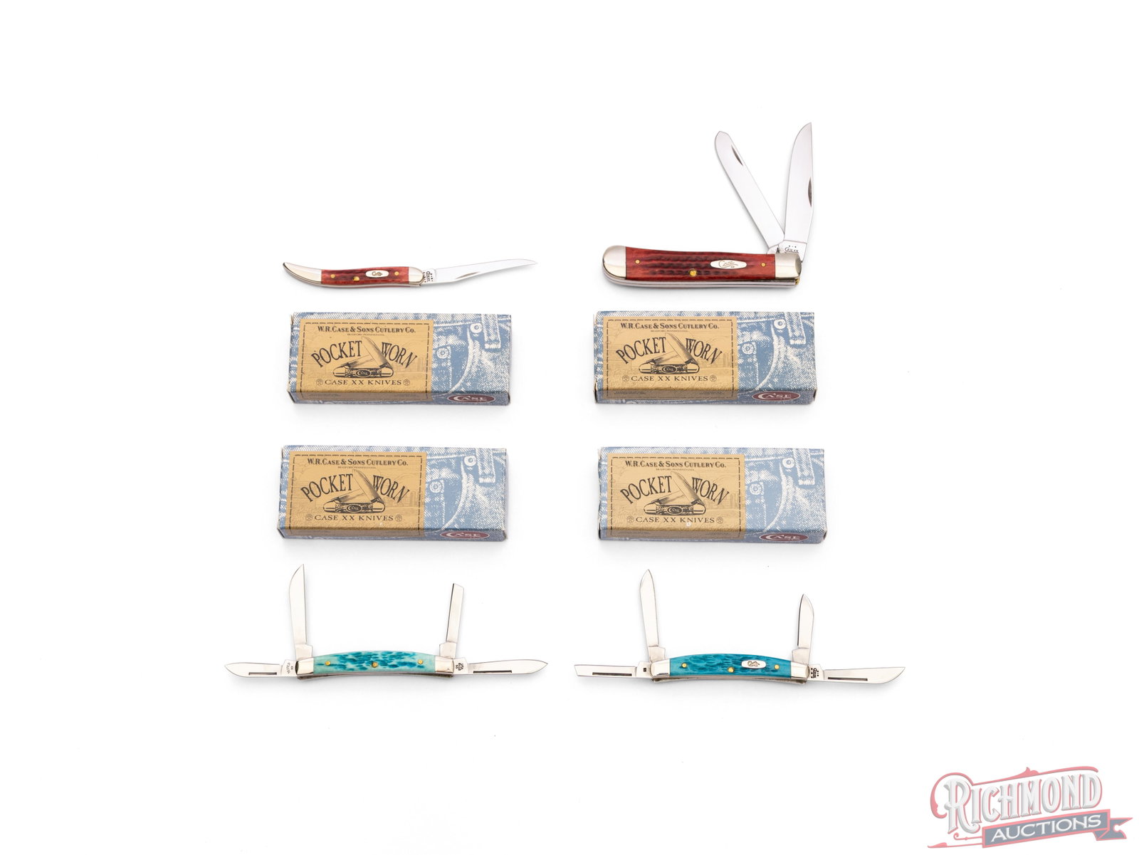 Four Case XX Pocket Worn Folder Knives in Original Boxes: All four are Case Pocket Worn series knives in the original boxes. One model 6254 SS Trapper with red jigged bone handle. One model 610096 SS Toothpick Texas with old red jigged bone handle. Two