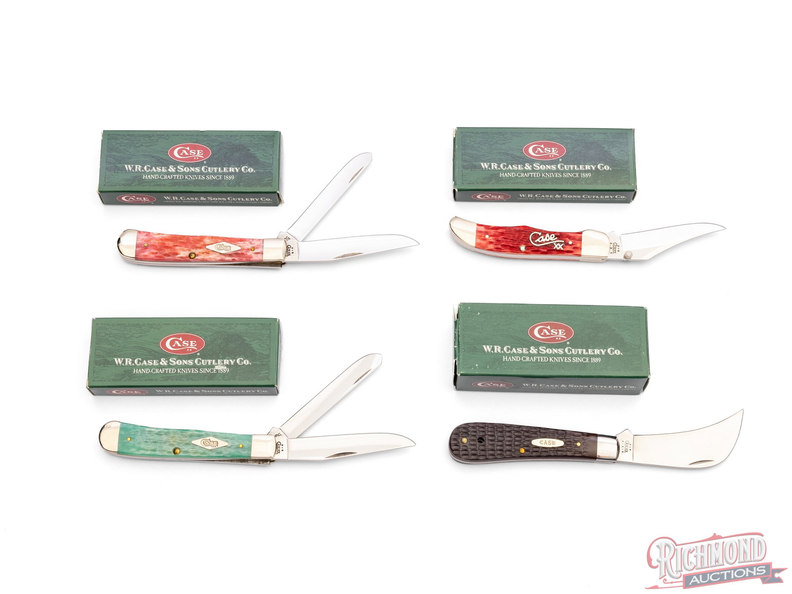 Four Case Tested XX Folder Knives in Original Boxes Trapper, Hunter and Hawkbill: All four are Case Tested XX folder knives in the original boxes. One model 61265LC SS with dark red jigged bone handle. One model 6254 SS Trapper with red jigged bone handle. One model 6254 SS