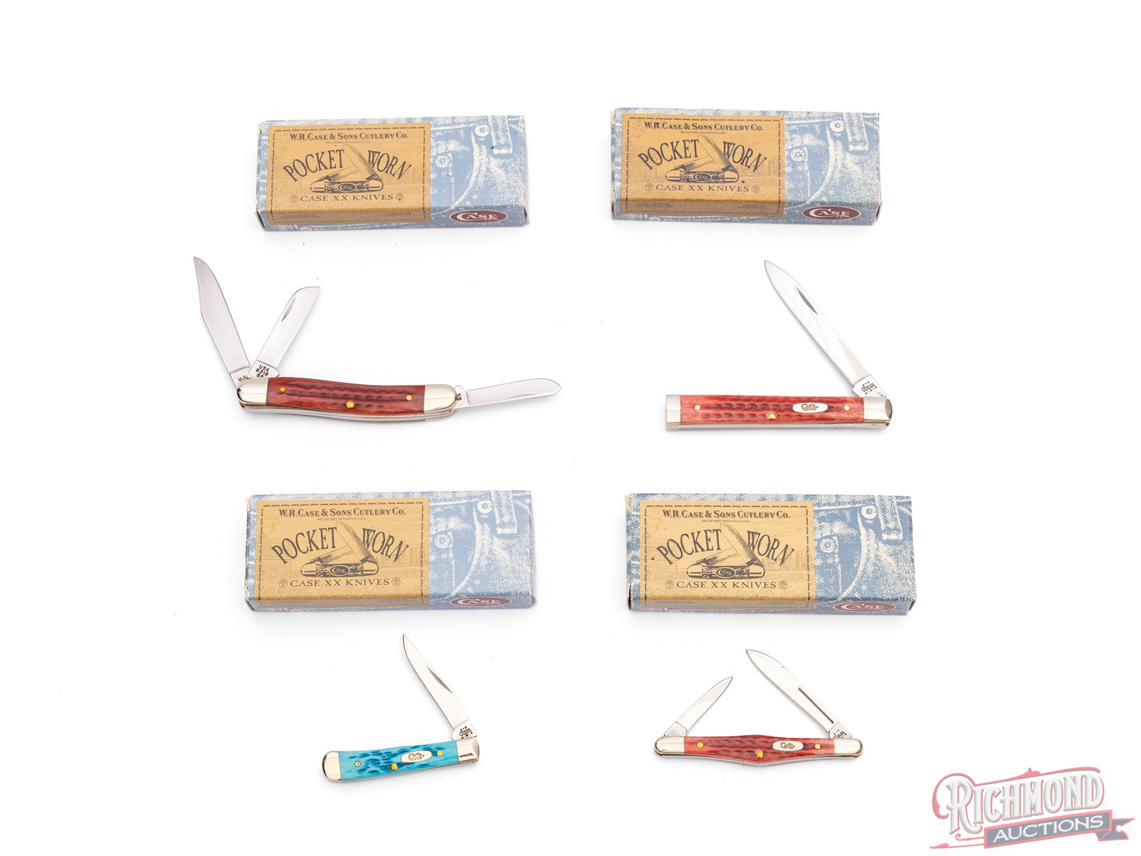 Four Case XX Pocket Worn Folder Knives in Original Boxes: All four Case XX are the "Pocket Worn" series and each come in the original boxes. Includes one each of the following: model 61154 SS Tiny Trapper with Caribbean blue bone handle, model 62156 SS