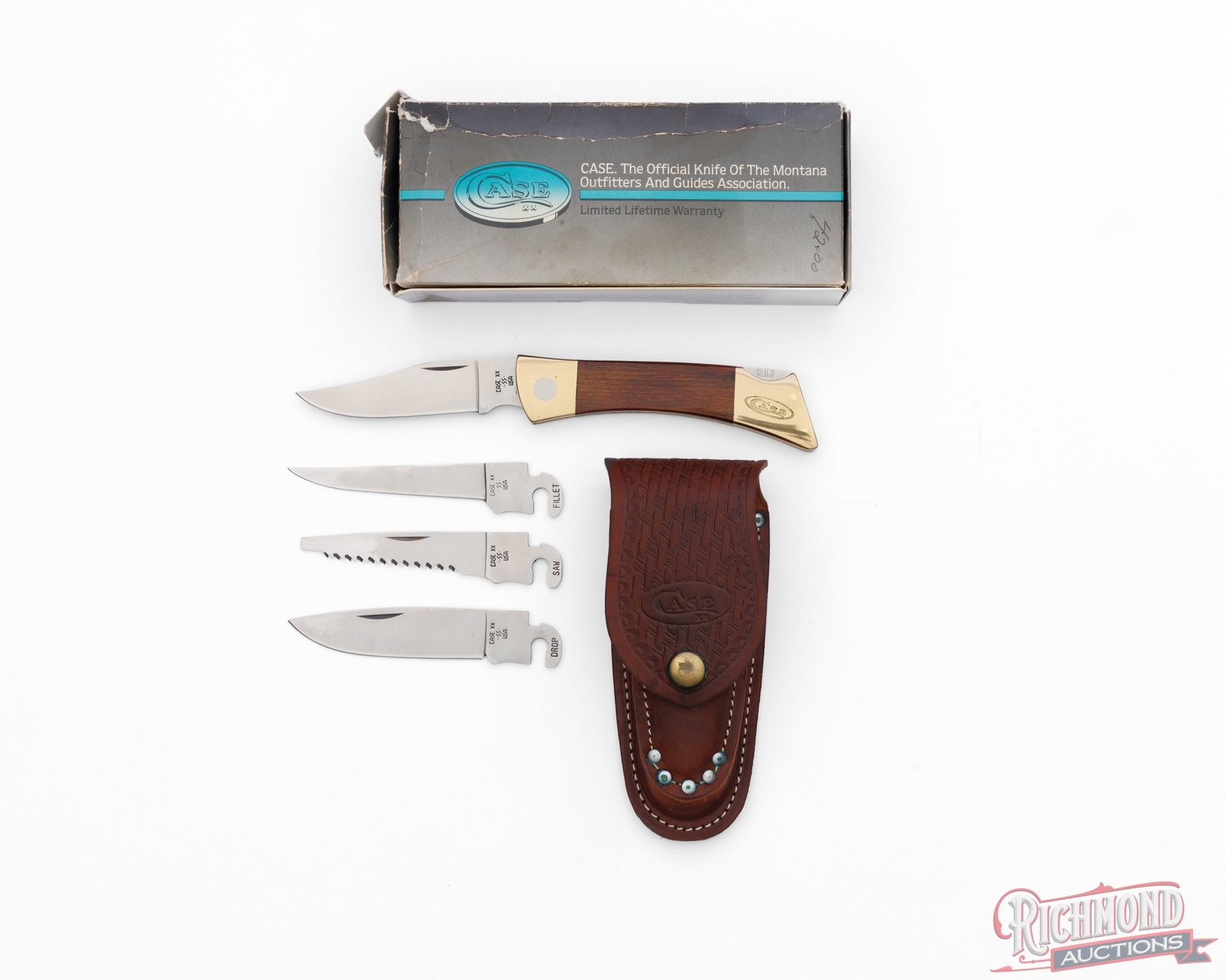 Case XX Changer Lockback Folder Knife With Four Interchangeable Blades, Sheath & Box: This Case SS Changer features four interchangeable blades: clip point, drop point, saw, and filet. Each blade is 3". Lockback folder with brass liners and bolsters and Rosewood grips. Closed length