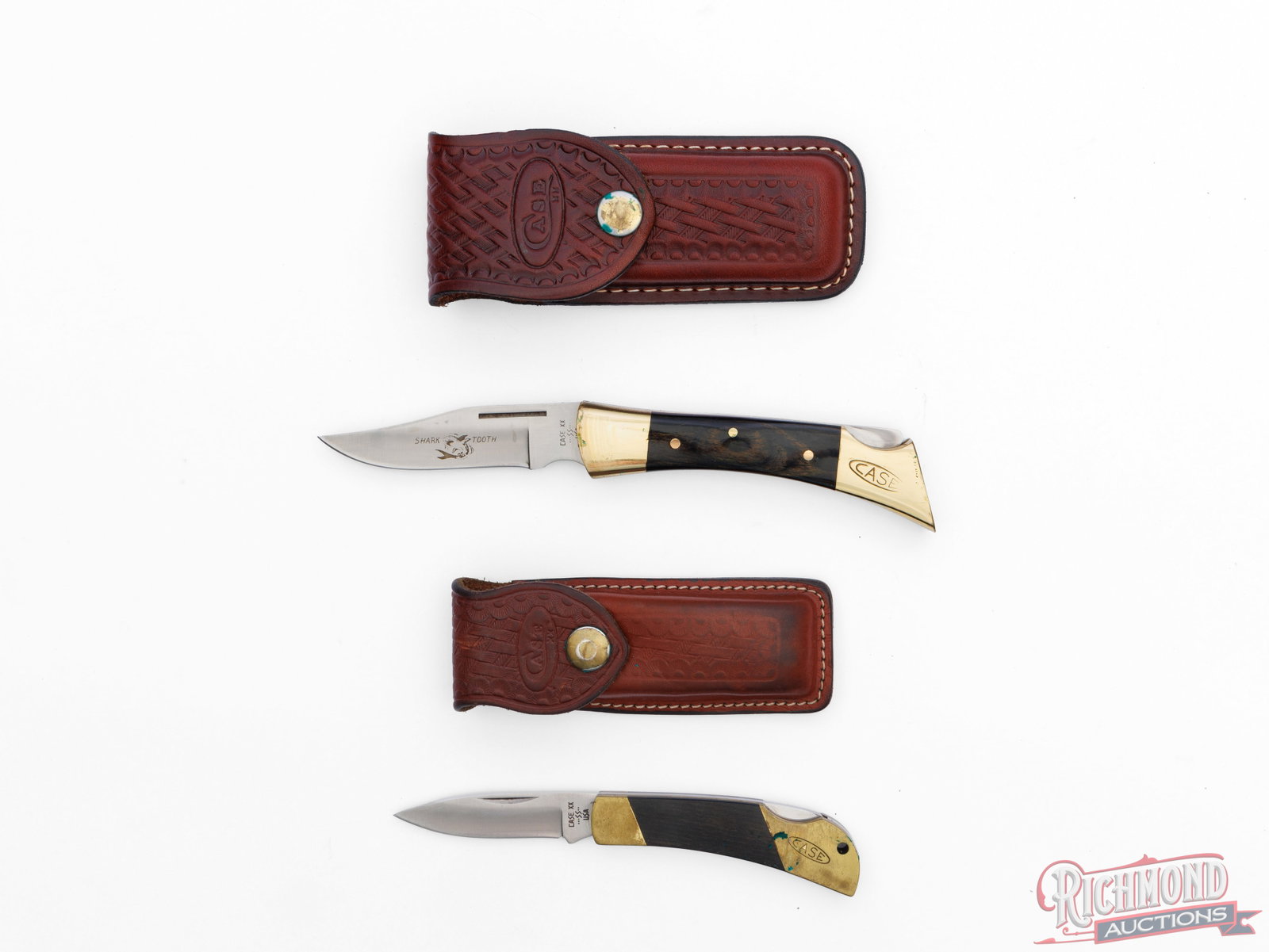 Two Case XX Sportsmen's Lock-Back Folder Knives One "Shark Tooth" With Sheaths - 2