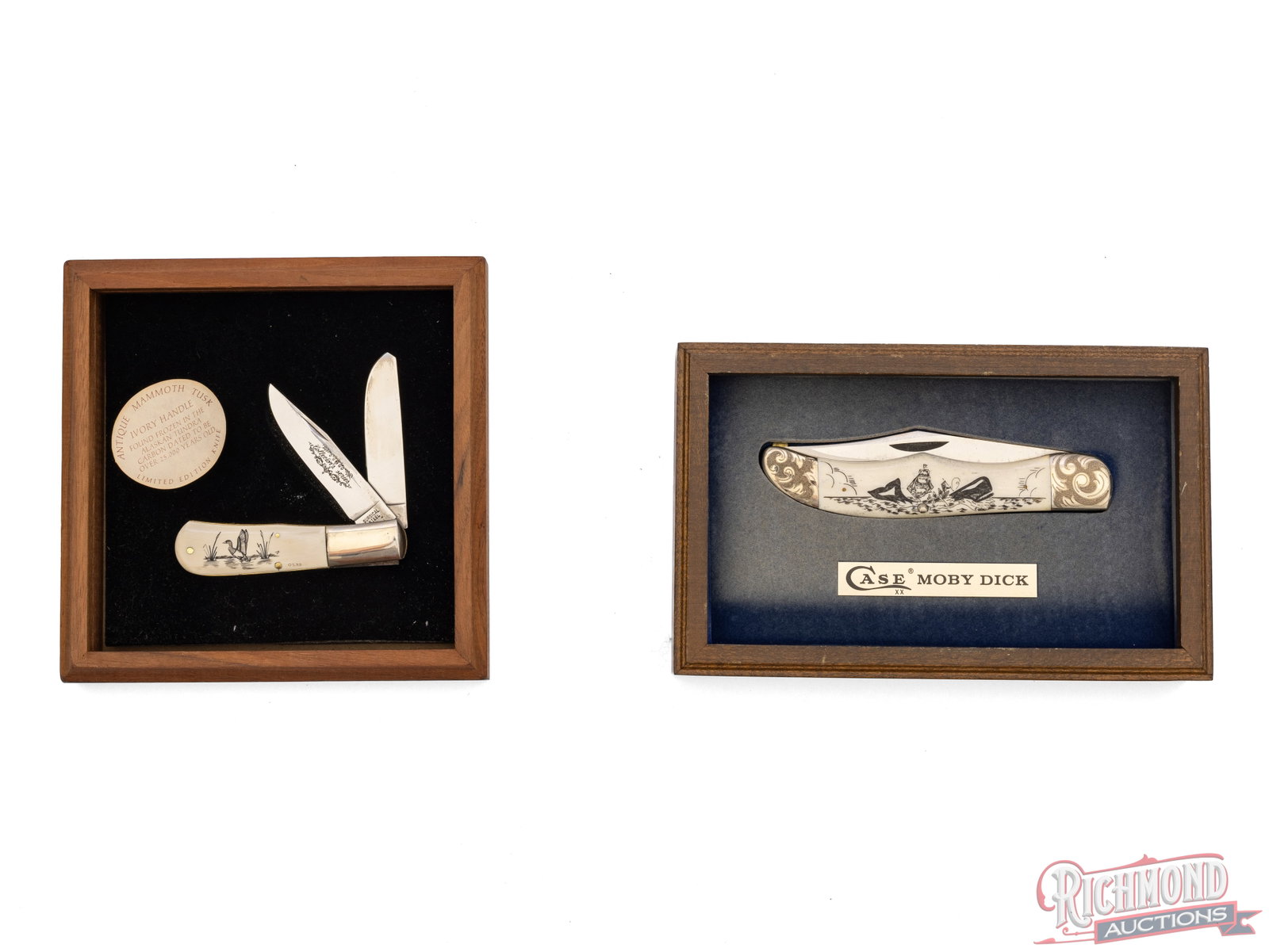 Case XX Moby Dick Scrimshaw Etched Folder Knife & Mammoth Tusk Limited Edition Collector Knife: One Case XX model W165 SAB SS single blade knife with scrimshaw bone handles etched "Moby Dick" and engraved nickel bolsters. Comes in the original wood glass display case with nameplate plaque. One t