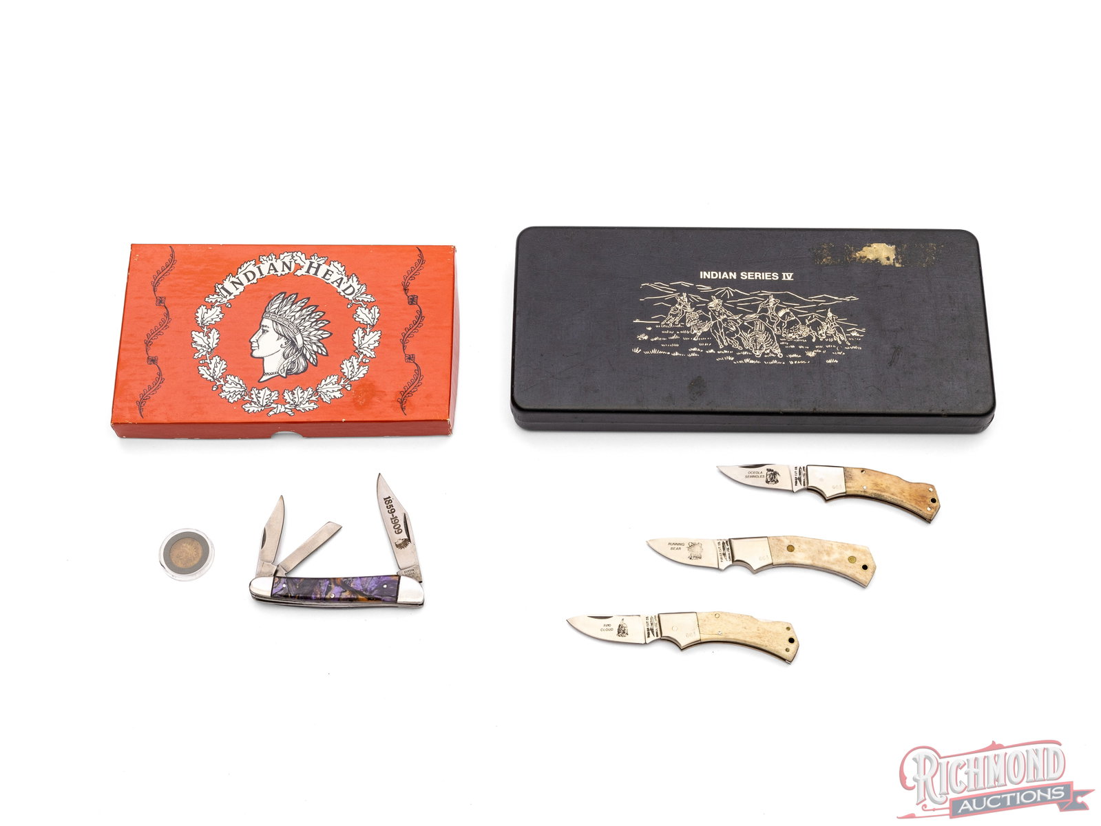 Indian Head Coin & Commemorative Folder Knife & Parker Cutlery Indian Series IV Three Knife Set (1 of 4)