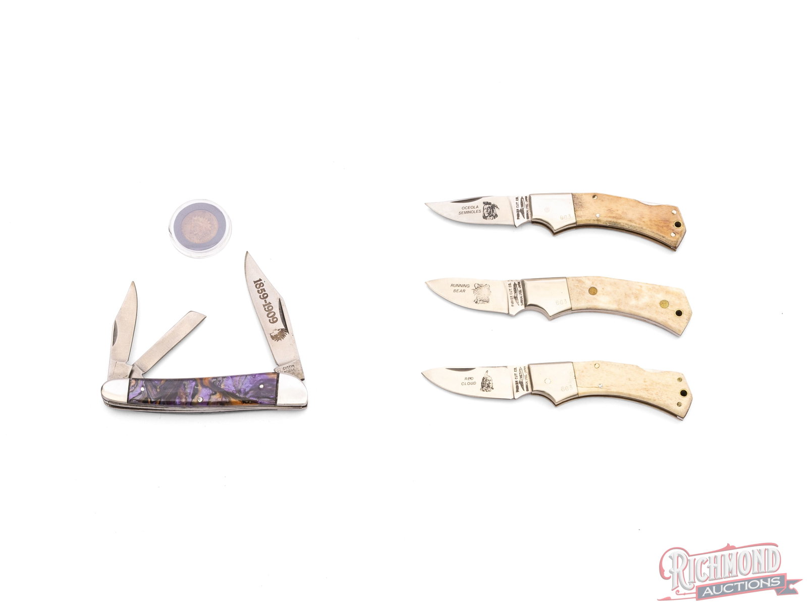Indian Head Coin & Commemorative Folder Knife & Parker Cutlery Indian Series IV Three Knife Set - 2