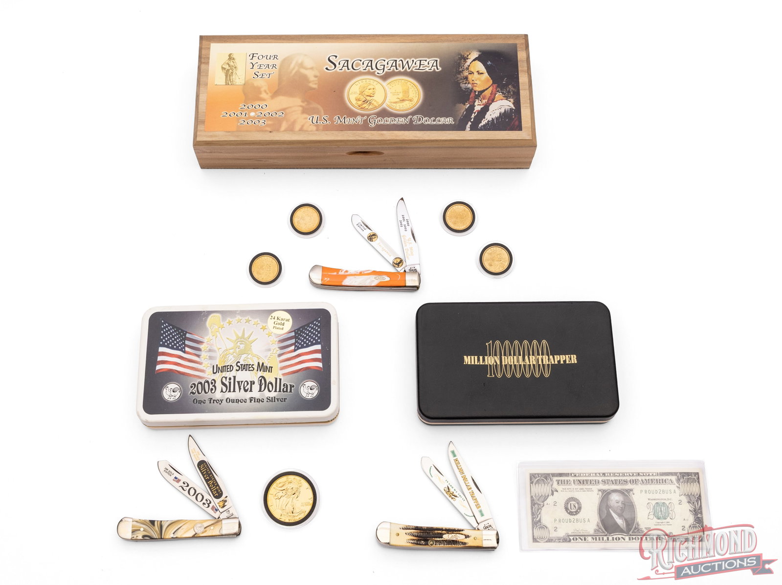 3 Collector Folder Knives Sacagawea, Million Dollar and Silver Dollar with Collector Coins: One Case model 3254 SS four year Sacagawea US Mint Golden Dollar set in original wood case with COA. Knife features two etched blades, orange pearl Delrin handles and nickel bolsters. One each of