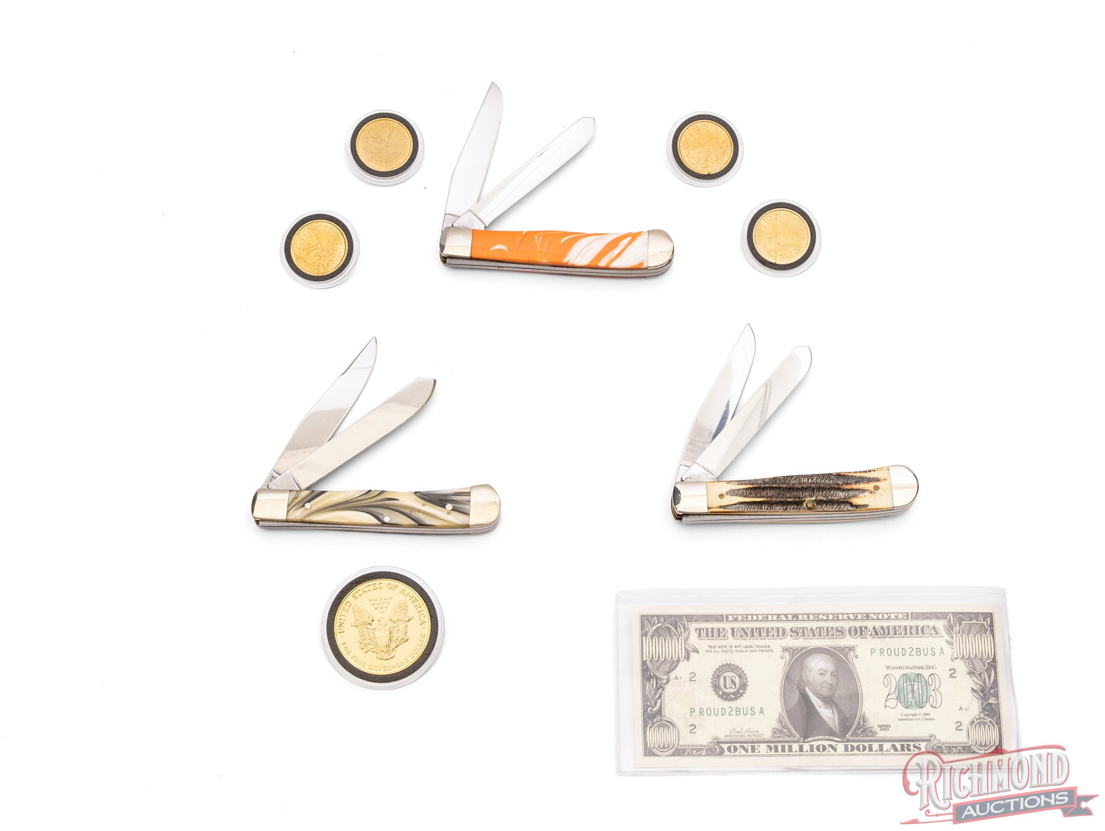 3 Collector Folder Knives Sacagawea, Million Dollar and Silver Dollar with Collector Coins - 2