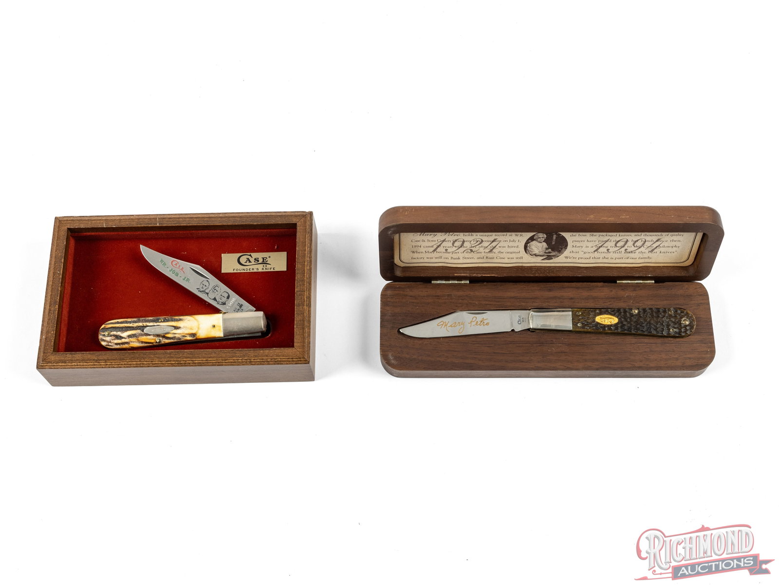 Two Case XX Mary Petro Granddaddy Barlow & Founders Knife Collector's Knives in Display Cases: Two limited edition Case XX knives. One model 66143 SS Granddaddy Brown Mary Petro commemorative folder. Features jigged bone handle, brass liner and nickel bolster. "Mary Petro" a 70-year Case employ