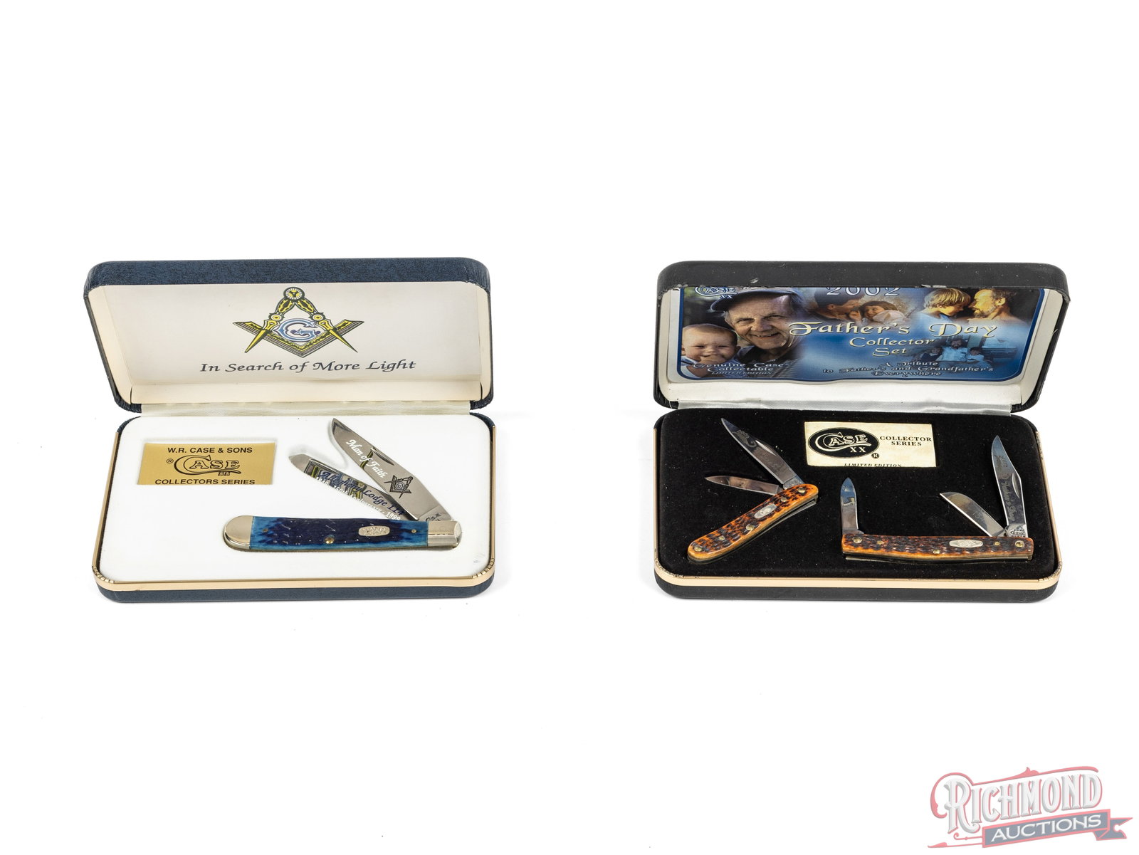 The Case XX Limited Edition Folder Knife Sets Free Mason & Father's Day Collector Set: Both are Case XX folder knives in their original cases. One model 6254SS Trapper with two etched blades, and blue jigged bone handle commemorating "Man of Faith / Allegheny Lodge 114 / 150th