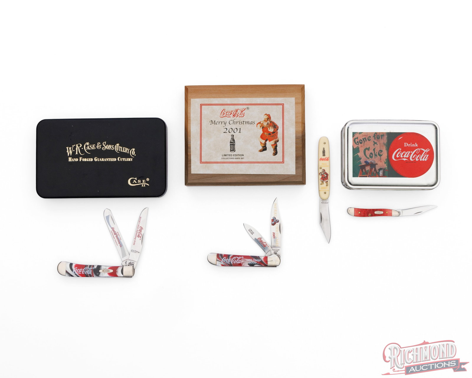 Four Case & Frost Cutlery Coca-Cola Collector Folder Knives: One Case model 3254 SS Limited Edition Coca-Cola "World's First Bottling Co, Chattanooga, Tennessee. Marbled acrylic handles, comes in the original case. One Case model 6120 Peanut Coca-Cola