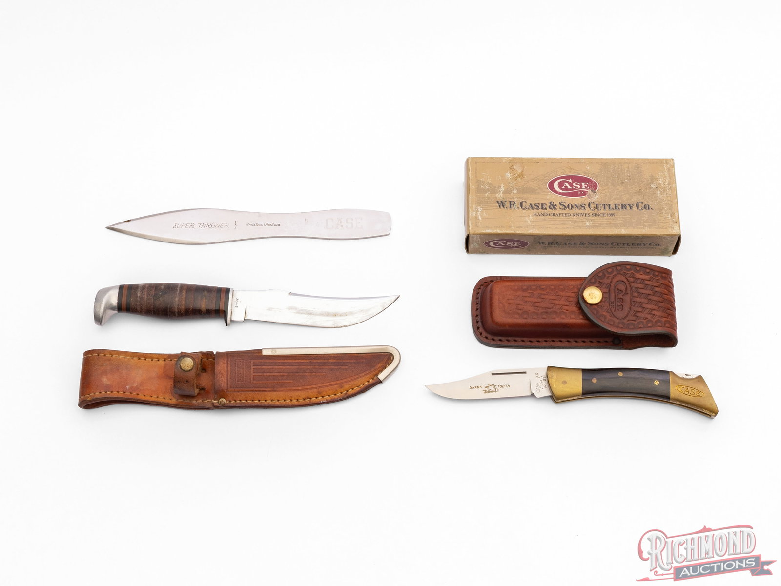 Case XX Fixed Blade Hunter Knife, Shark Tooth Lockback Folder and Super Thrower Knives: This lot includes a Case XX model 323-5 fixed blade hunting knife with leather wrapped handle with aluminum cap. Includes the original leather sheath. One stainless steel "Super Thrower" throwing knif