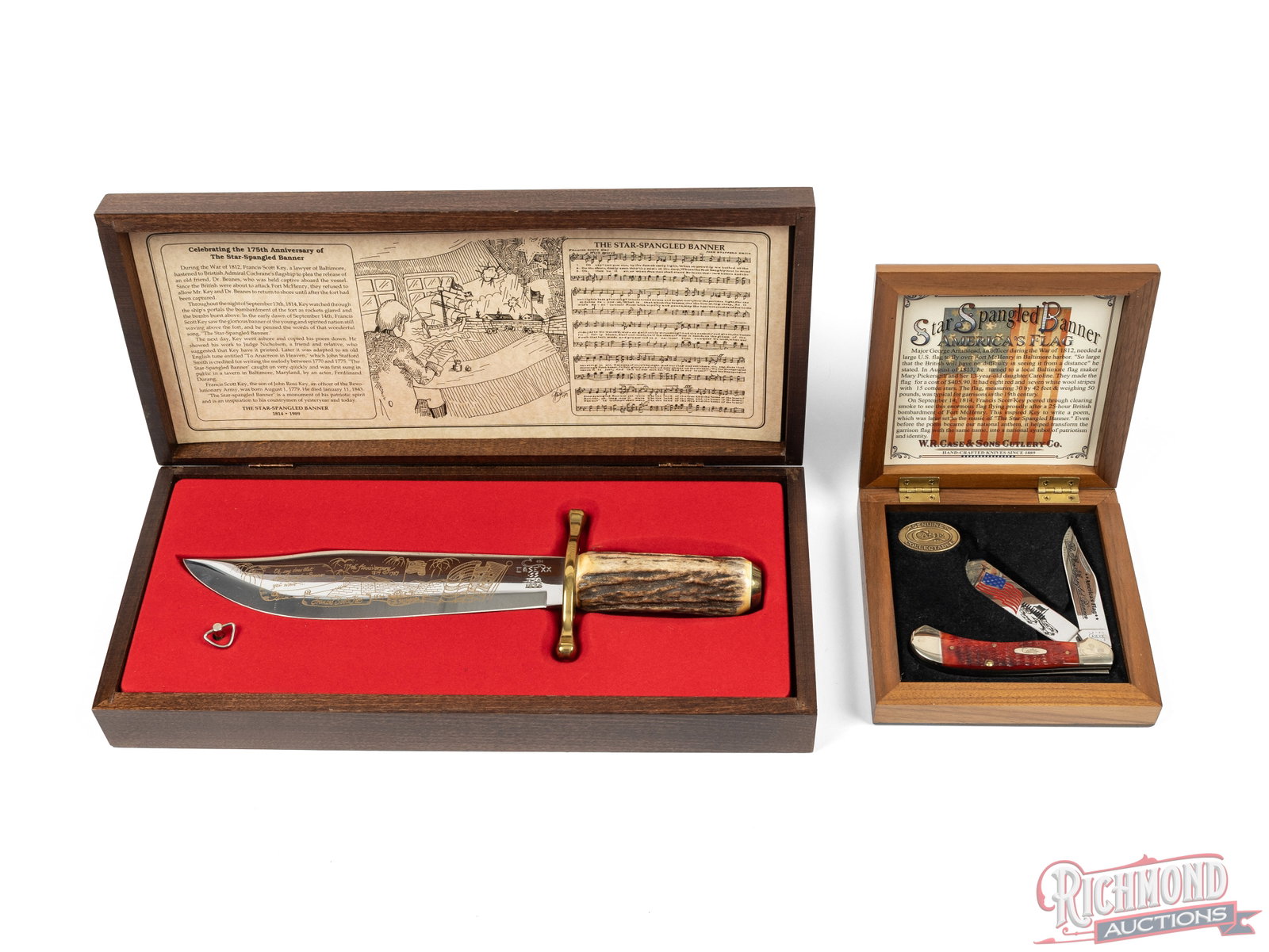 Case XX The Star Spangled Banner Collector Fixed Blade and Saddlehorn Trapper in Original Cases: Great way to celebrate America's 250th year with this beautiful Case set each commemorating The Star Spangled Banner. Fixed blade bowie 1836 features a 9" blade with large round stag handle, double