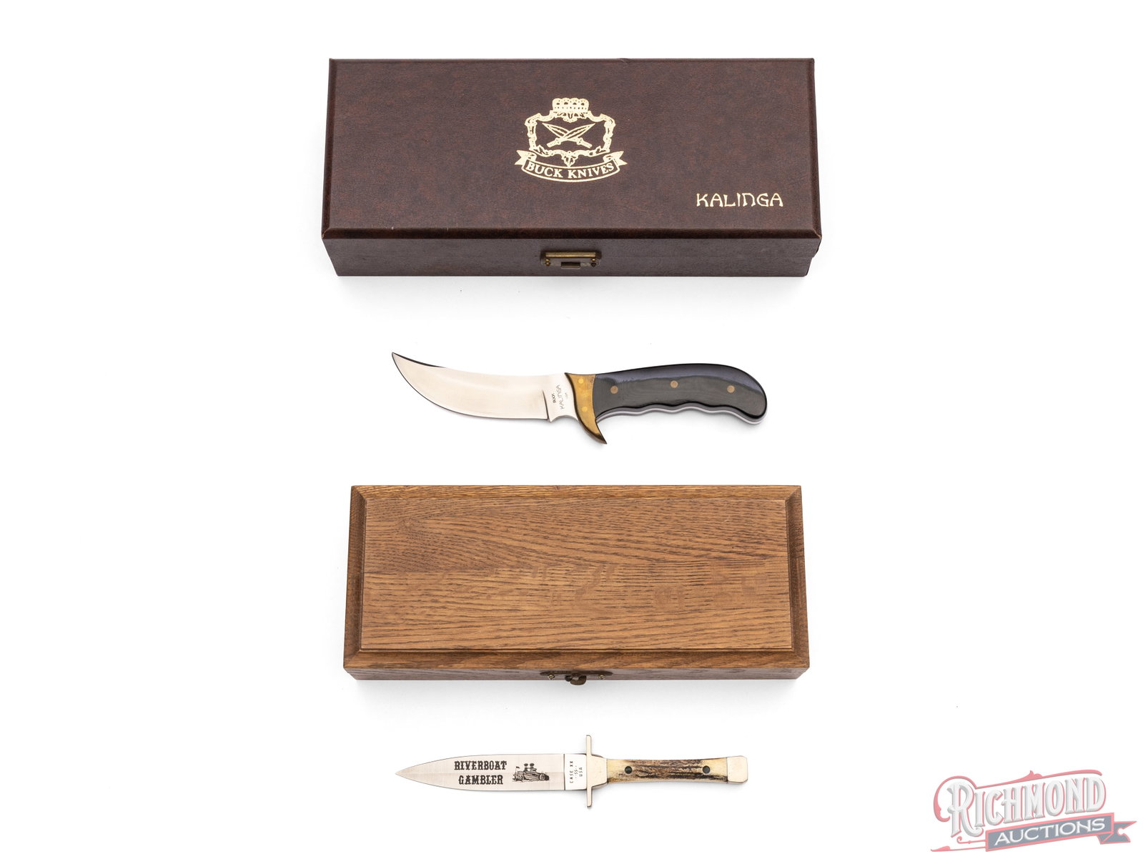 Collector Buck Kalinga and Case XX River Boat Gambler Fixed Blade Knives in Original Cases: Vintage Buck Kalinga model 401 knife features a 4" trailing point blade with full tang, brass hilt, brass rivets and micarta handles. Comes in the original case with original leather sheath and